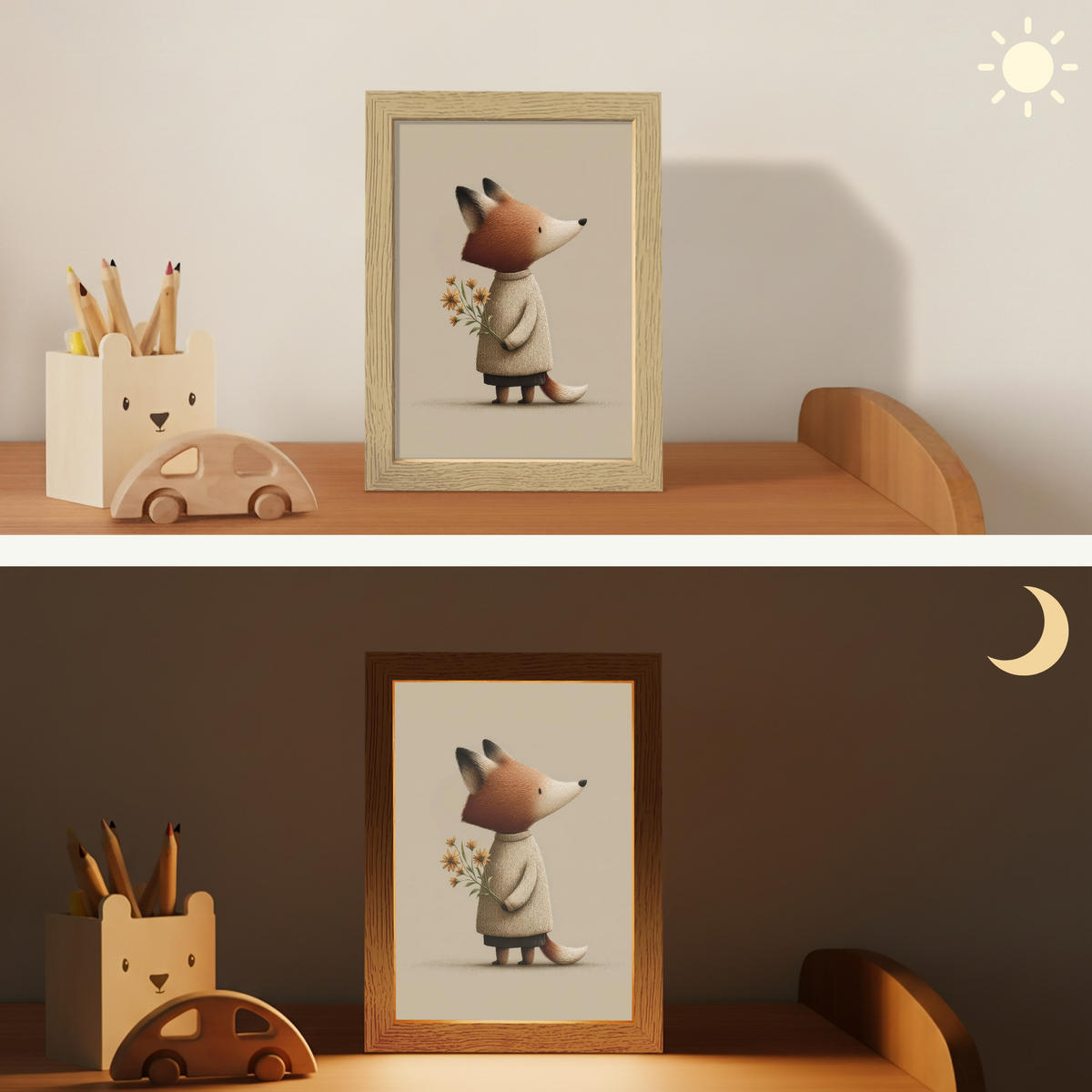 NACHTTISCHLAMPE Fuchs - Gelbe Blumen - Minimalistisch 15x20 cm - Taupe, Holzwerkstoff (8/15/20cm)