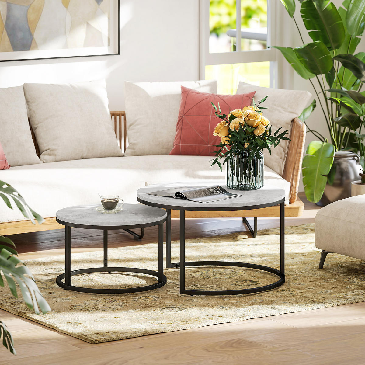 COUCHTISCH 2er-Set, Beistelltisch mit Metallgestell, stapelbar Sofatisch Grau - Hellgrau/Schwarz, Kunststoff (78.5/78.5/46.5cm) - HOMCOM