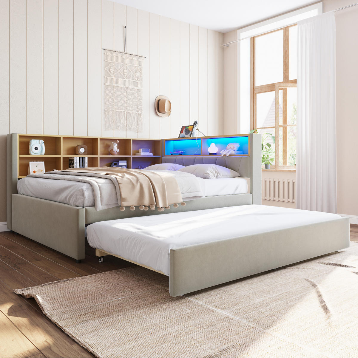 AUSZIEHBETT 140/200 cm DE-01984, in Hellgrau, mit LED und Steckdosen - Hellgrau, Metall (140/200cm) - ComfortXL