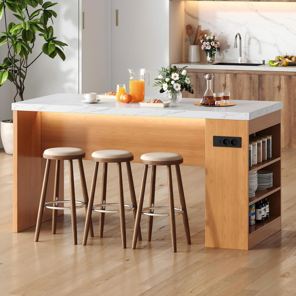 KÜCHENINSEL 90 cm MDF Natur Weiß mit LED-Beleuchtung und USB-Steckdose - Weiß, Holzwerkstoff (80/90/155cm) - Korfee