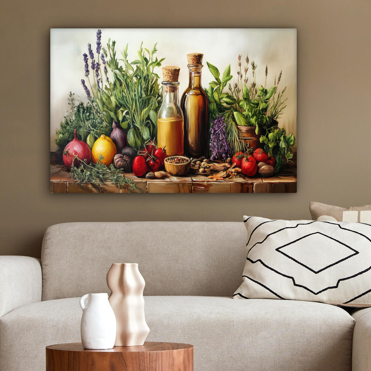 LEINWANDBILD Stilleben - Kräuter - Gewürze - Früchte - Farbenfroh Gemälde 60x40 cm - Grün, Textil (60/40cm) - MuchoWow