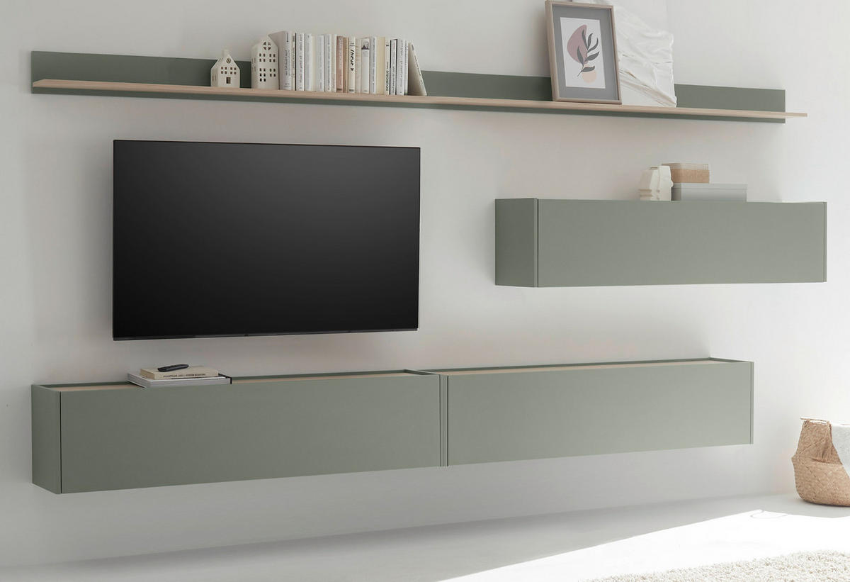 WOHNWAND Salbei grün, Barista Eiche Set 5-teilig mit XXL TV-Board 340 cm - Salbeigrün/Eichefarben, Holzwerkstoff/Metall (340/180/30cm) - Furn.Design