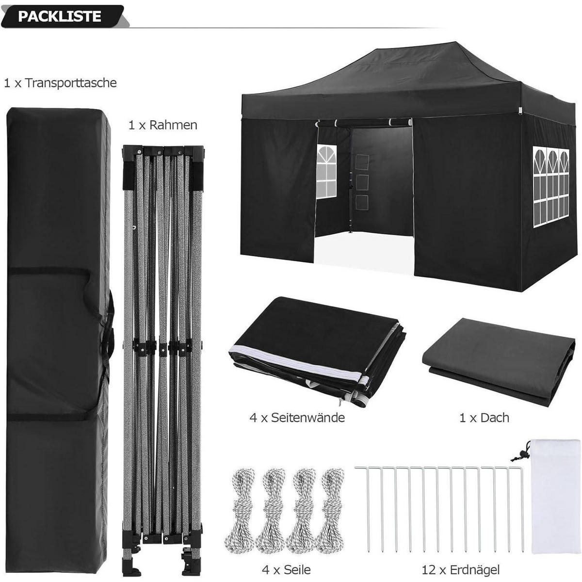 FALTPAVILLON 300 x 450 cm Wasserdicht Schwarz mit 4 Seitenwänden - Schwarz, Textil (300/240/450cm)