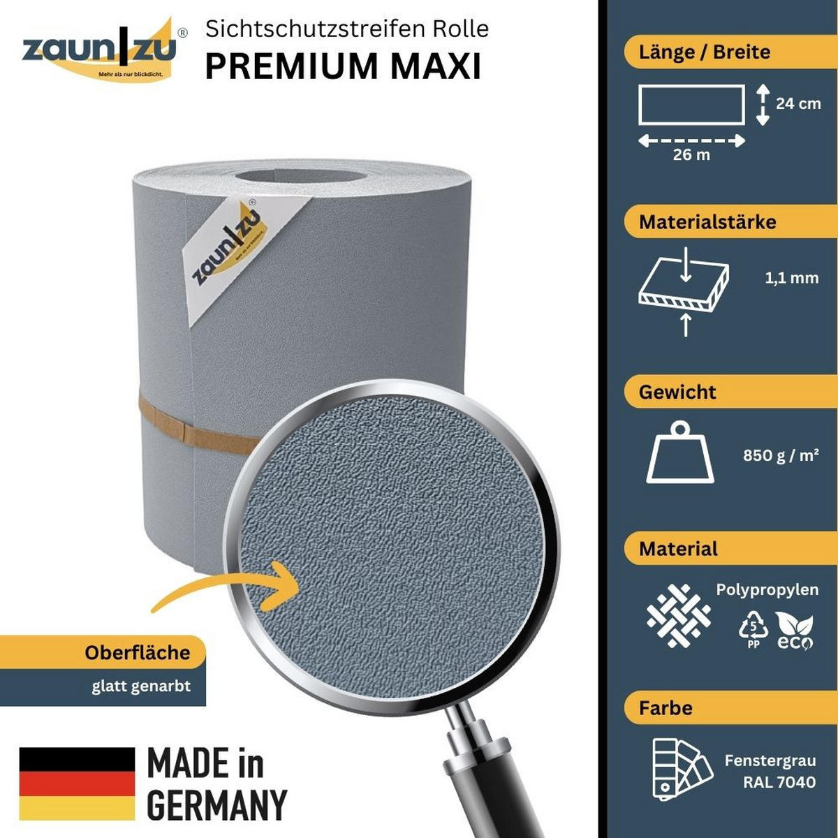 SICHTSCHUTZSTREIFEN Premium Maxi für Doppelstabmatten 24cm hoch Fenstergrau 26m - Hellgrau, Kunststoff (2600/24cm) - ZAUN|ZU