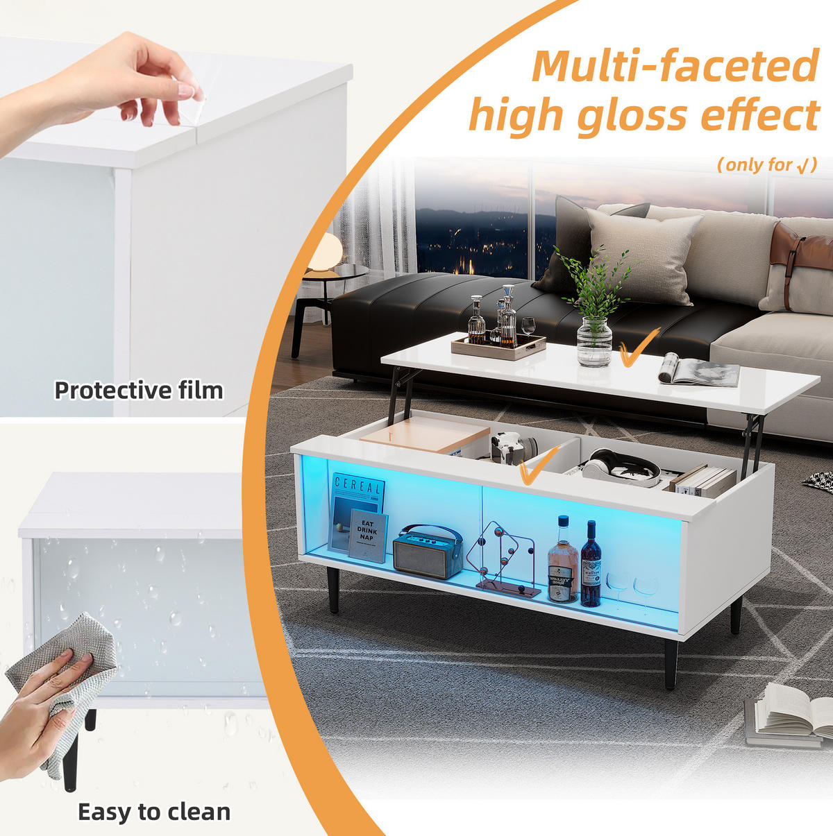 COUCHTISCH aus Spanplatte 105x50x43 cm Weiß höhenverstellbar mit Stauraum, LED und Glasschiebetüren - Weiß, Holzwerkstoff (105/50/43cm) - IVMEU