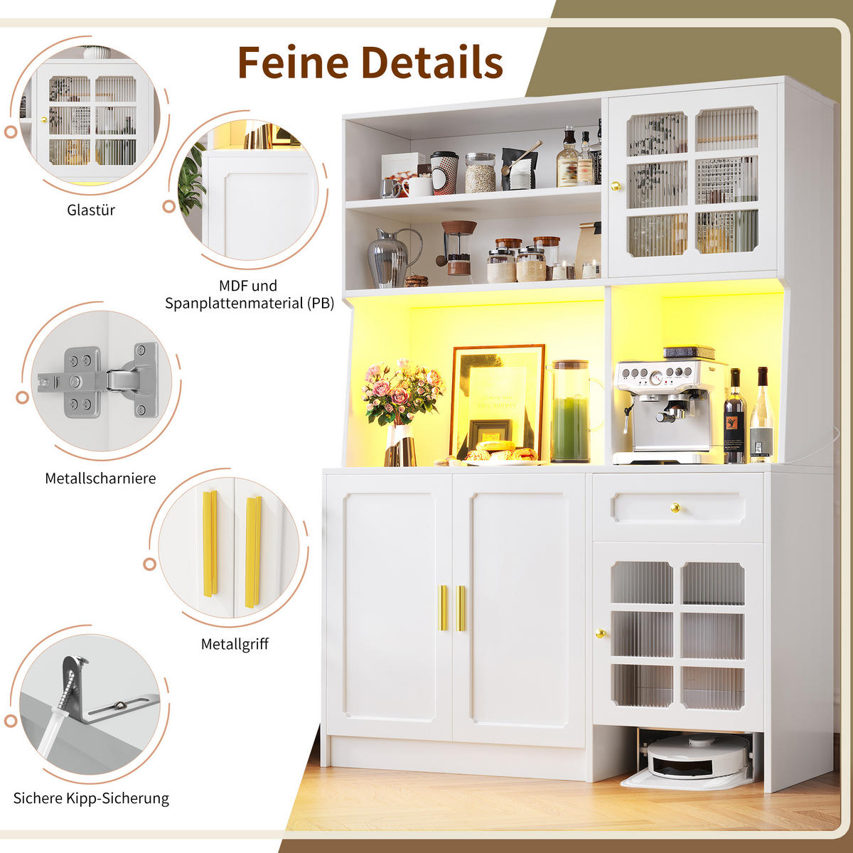 BUFFET 130/180/45 cm Weiß aus MDF mit LED-Beleuchtung - Weiß, Holzwerkstoff (45/180/130cm) - OKMYHOME