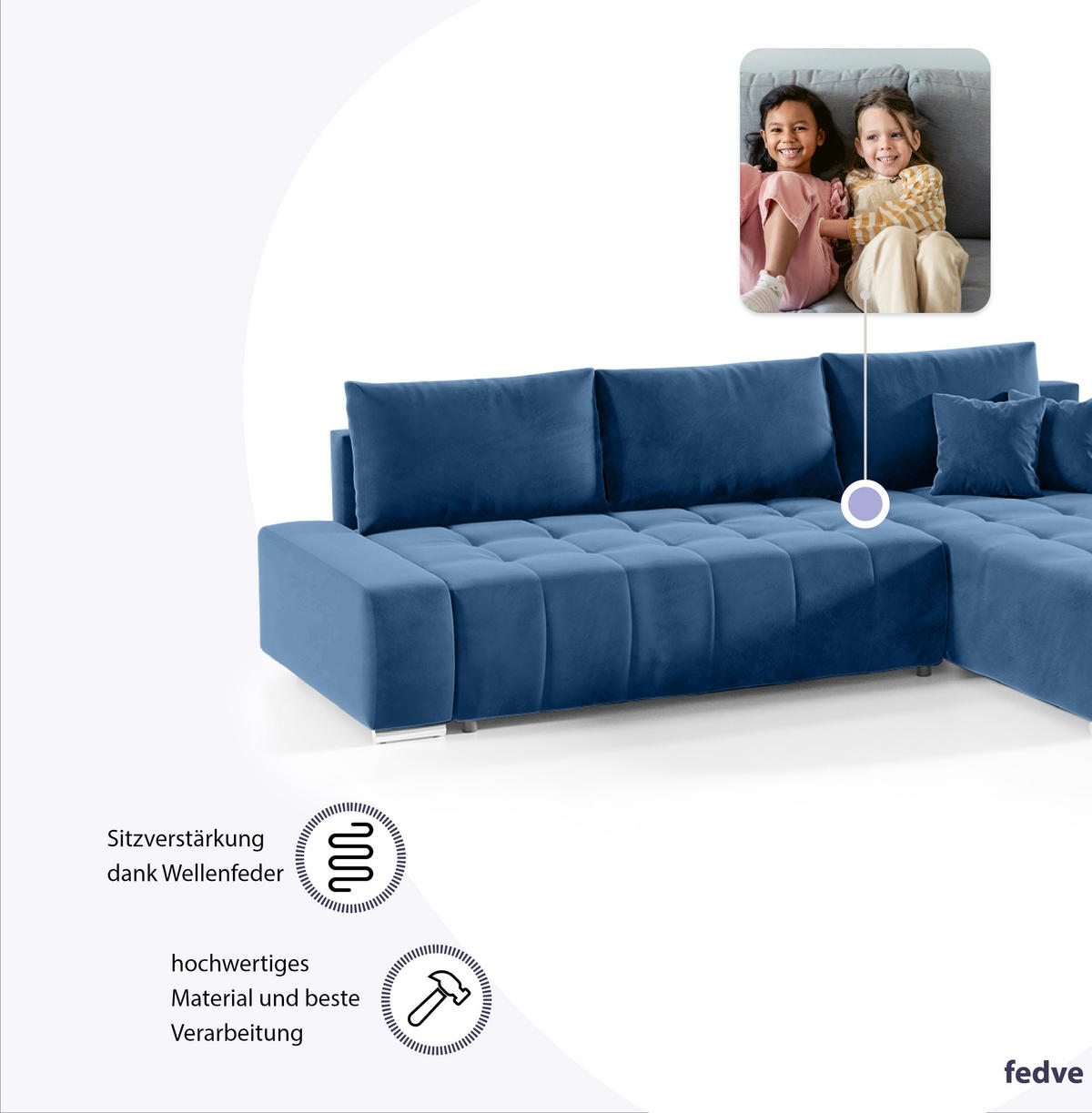 ECKSOFA mit Schlaffunktion Dhaka L, Dunkelblau - Blau, Textil (185/265cm) - Fedve