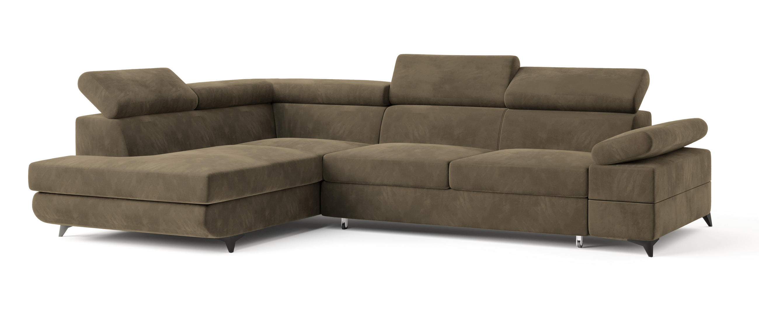 ECKSOFA FAVIEN L-S Beige Velours-Stoff mit Schlaffunktion - Beige, Holz (257/190cm) - MASSENO