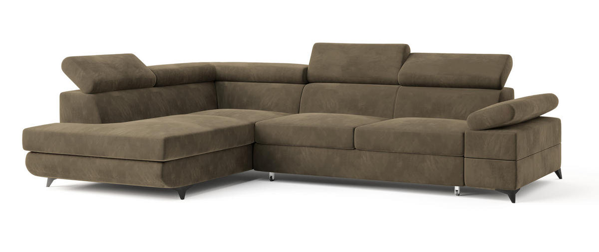ECKSOFA FAVIEN L-S Beige Velours-Stoff mit Schlaffunktion - Beige, Holz (257/190cm) - MASSENO