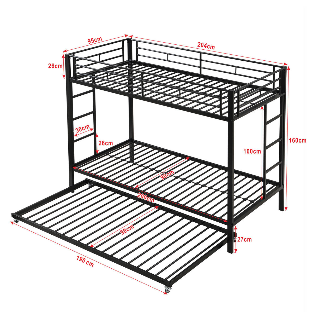 ETAGENBETT mit Ausziehbett 90x200 cm Metall Schwarz - Schwarz, Metall (90/200cm) - Beauniv