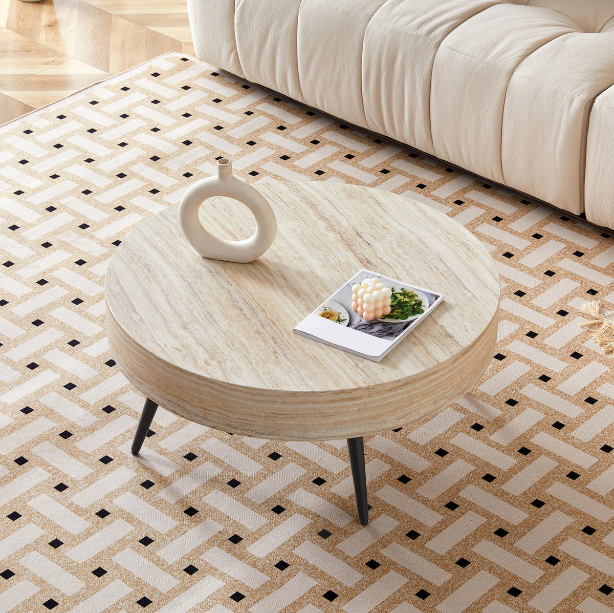 COUCHTISCH 70/70/35,5 cm aus MDF mit Travertin-Optik und Metallgestell, runde Form, Schwarz/Holzfarben - Schwarz, Holzwerkstoff (70/70/35.5cm) - Redom