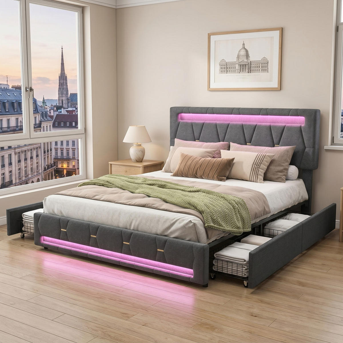 POLSTERBETT 160/200 cm grau mit Schubladen und LED - Grau, Holz
