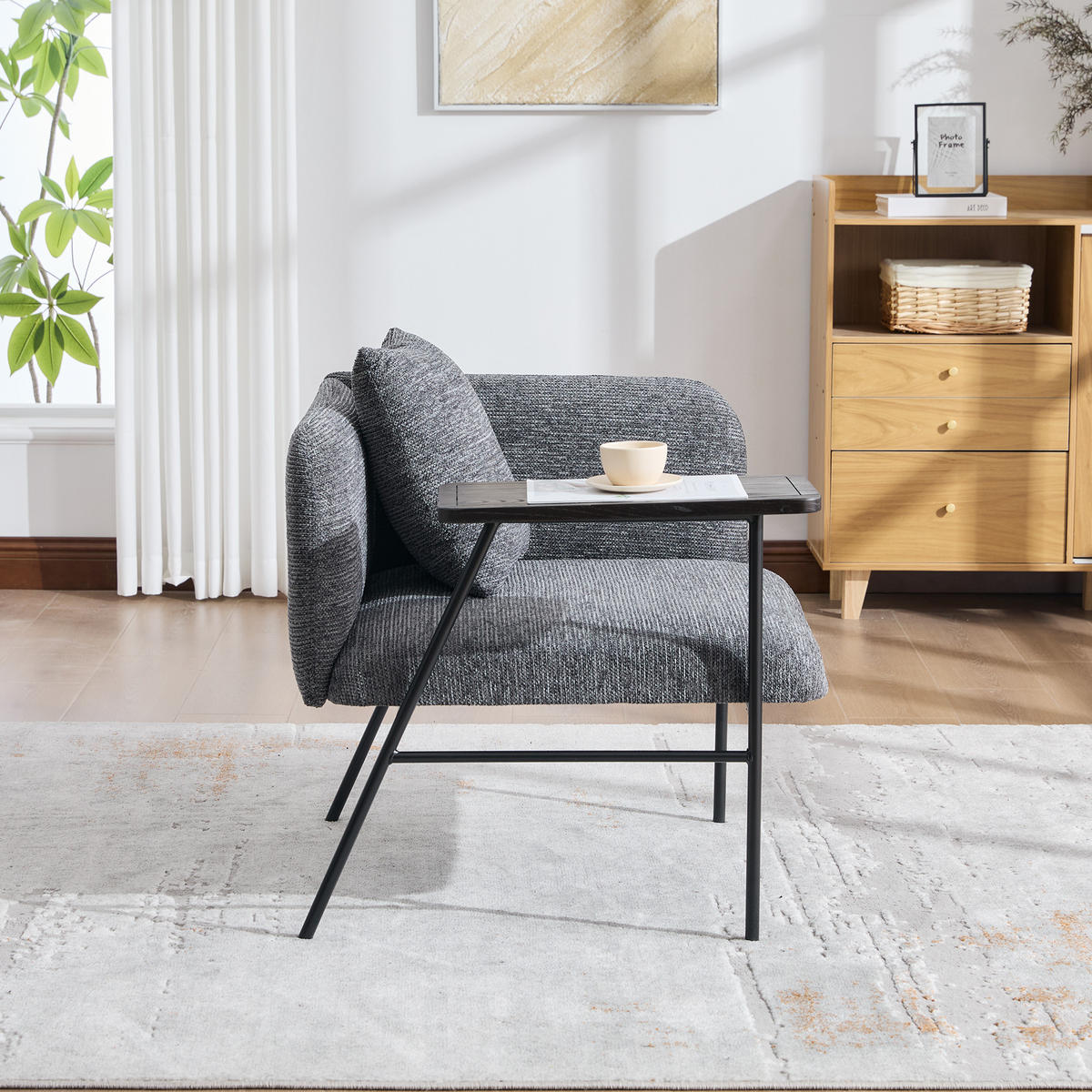 SESSEL Chenille Dunkelgrau mit Beistelltisch und Seitentaschen - Dunkelgrau, Textil/Metall (86/71/72cm) - WISHDOR