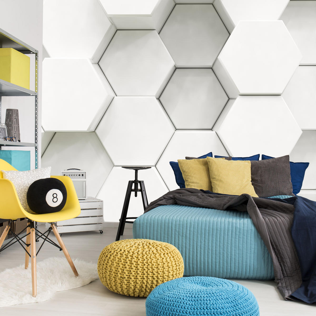 FOTOTAPETE für Wohnzimmer Hexagone Formen Geometrie 350x256 - Weiß/Grau, Papier (350/256cm) - Muralo