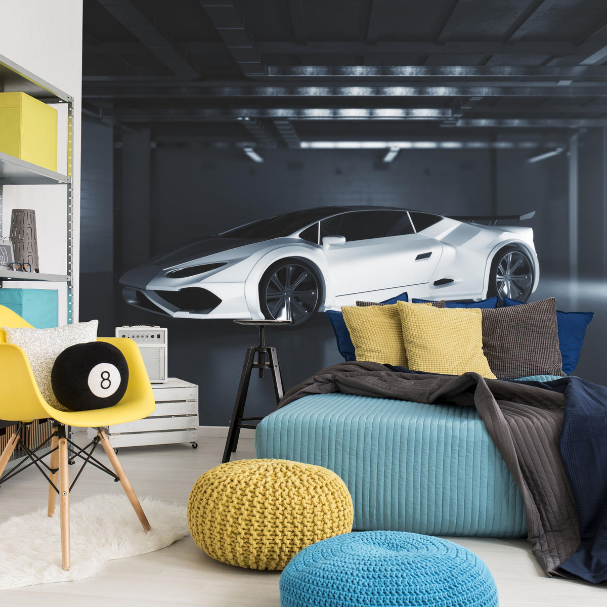 FOTOTAPETE für Jugendzimmer Weißes Sportwagen Untergrundgarage Modern 150x105 - Schwarz/Weiß, Papier (150/105cm) - Muralo