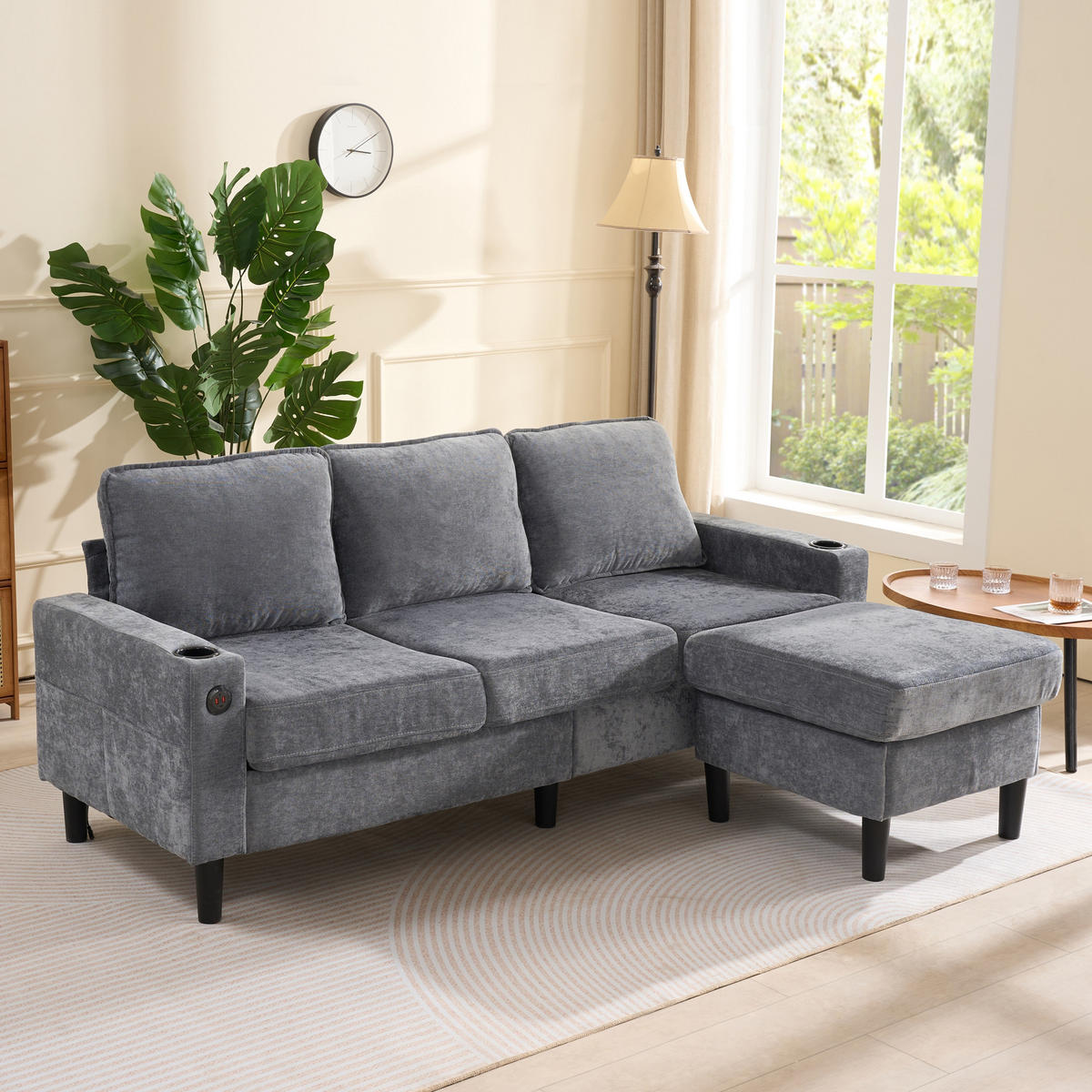 SOFA 3-Sitzer L Form USB Typ C Getränkehalter Grau Leinen - Grau, Naturmaterialen (202/137cm) - FLIEKS