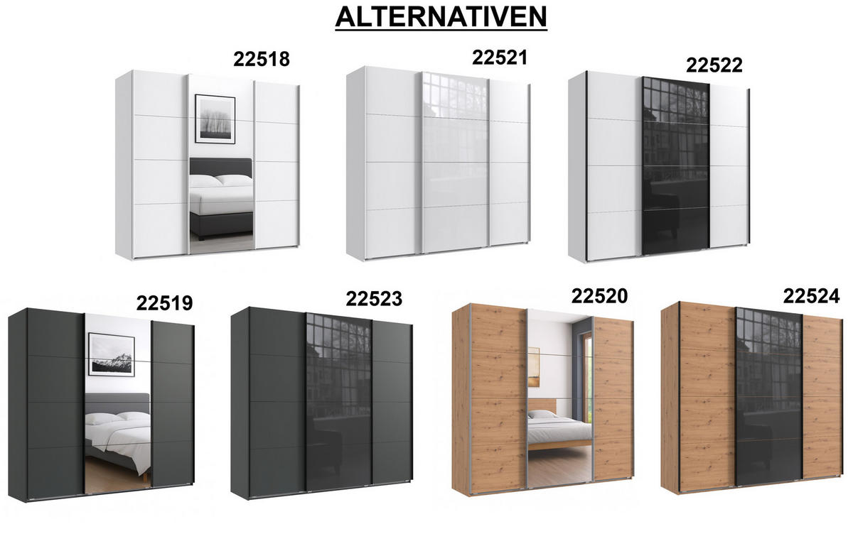 SCHWEBETÜRENSCHRANK 3-türig in Eichendekor, eine Tür mit Glasfront Grau, B225/H208/T64 cm / 22524 - Eichefarben/Schwarz, Holzwerkstoff/Metall (225/208/64cm) - luma-home
