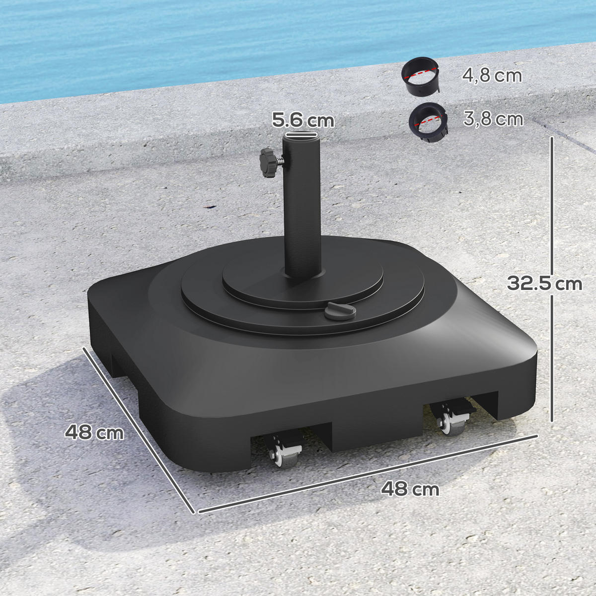 SONNENSCHIRMSTÄNDER bis 25 kg befüllbar Schirmständer mit Rollen, Quadratisch - Schwarz, Kunststoff (48/48cm) - Outsunny