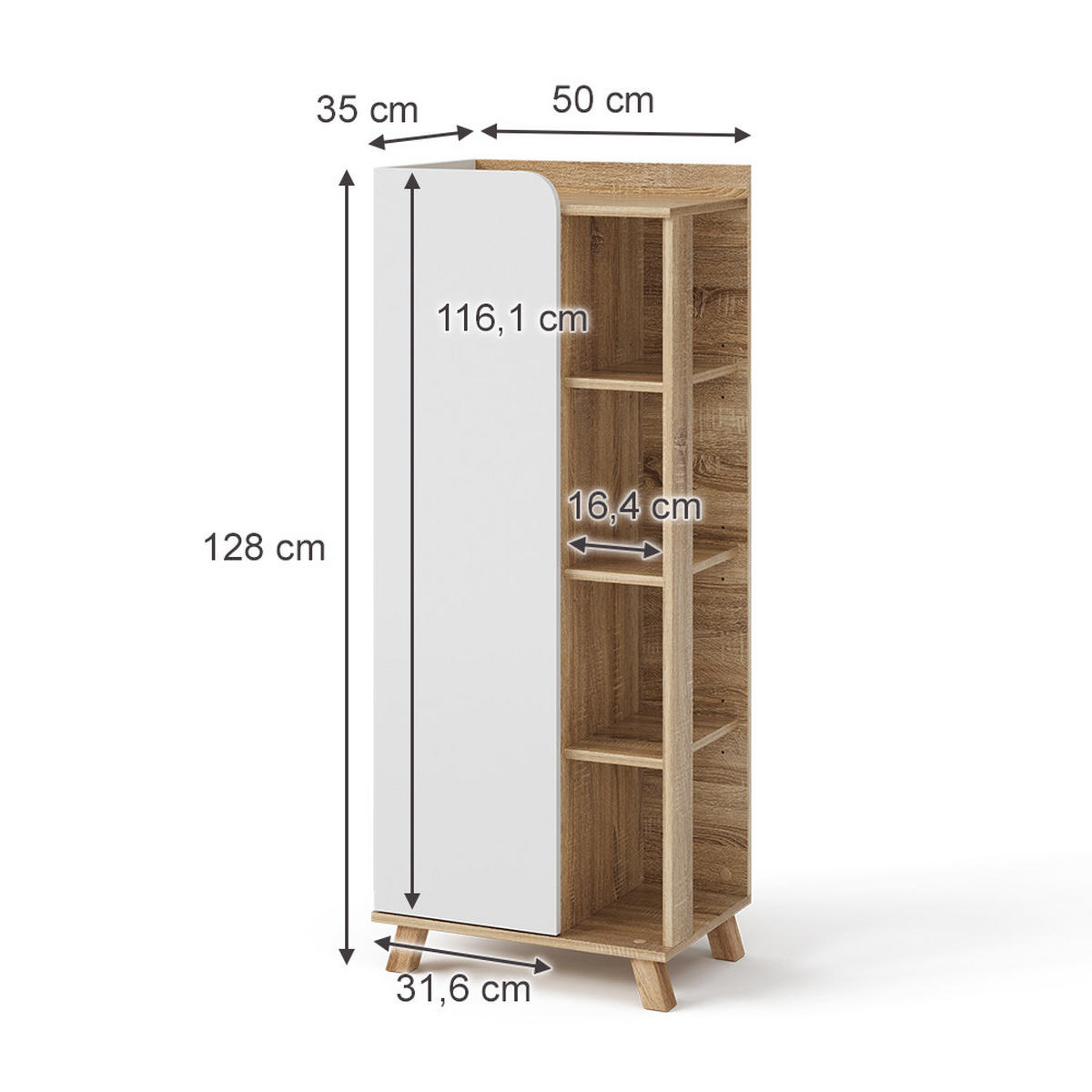 MIDISCHRANK Karen Sonoma/Weiß 50 x 128 cm mit Tür und offenen Fächern - Weiß/Sonoma Eiche, Holzwerkstoff (50/128/35cm) - Vicco