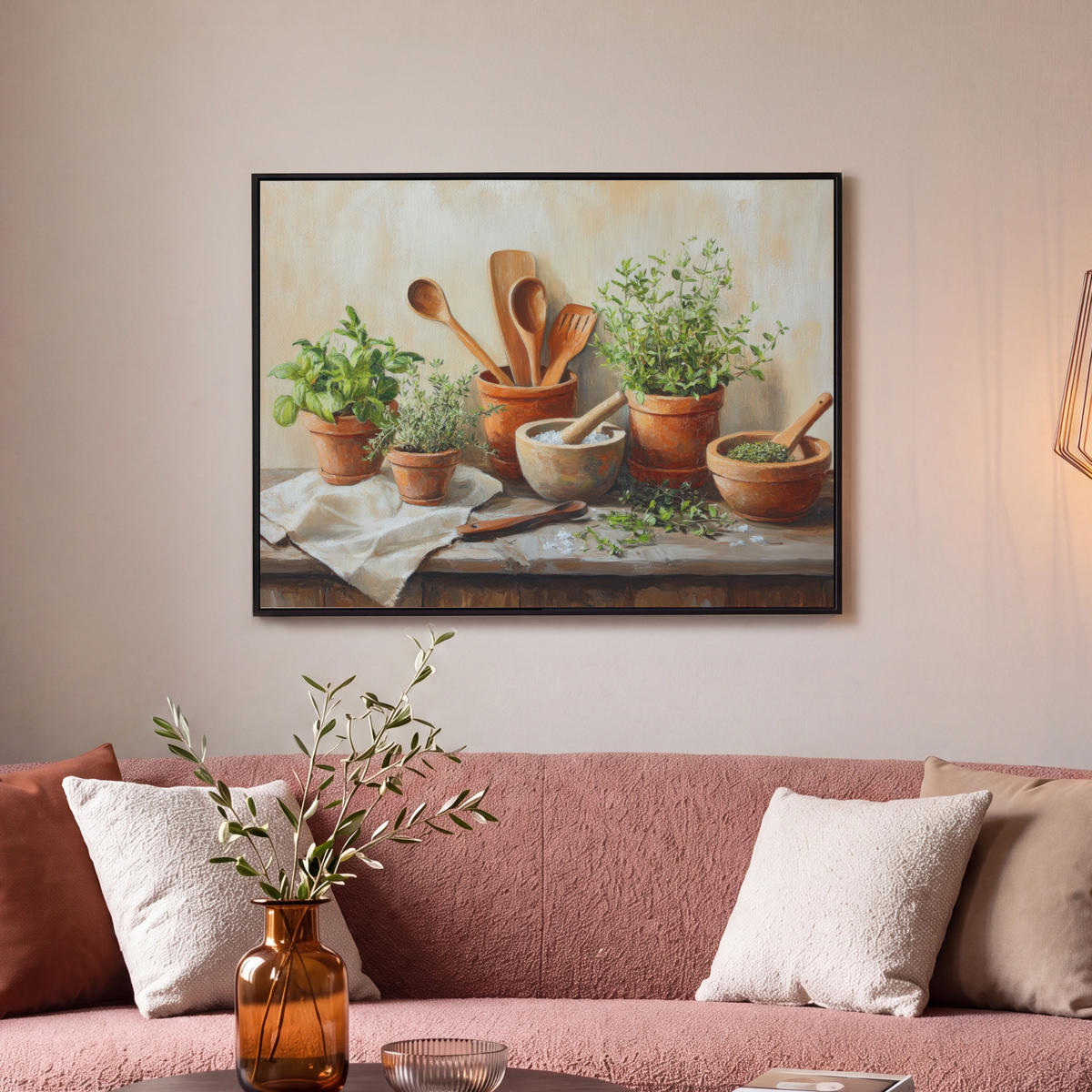LEINWAND Bilder mit Rahmen - Töpfe - Kräuter - Holz - 80x60 - Terracotta, Textil (80/60cm) - MuchoWow