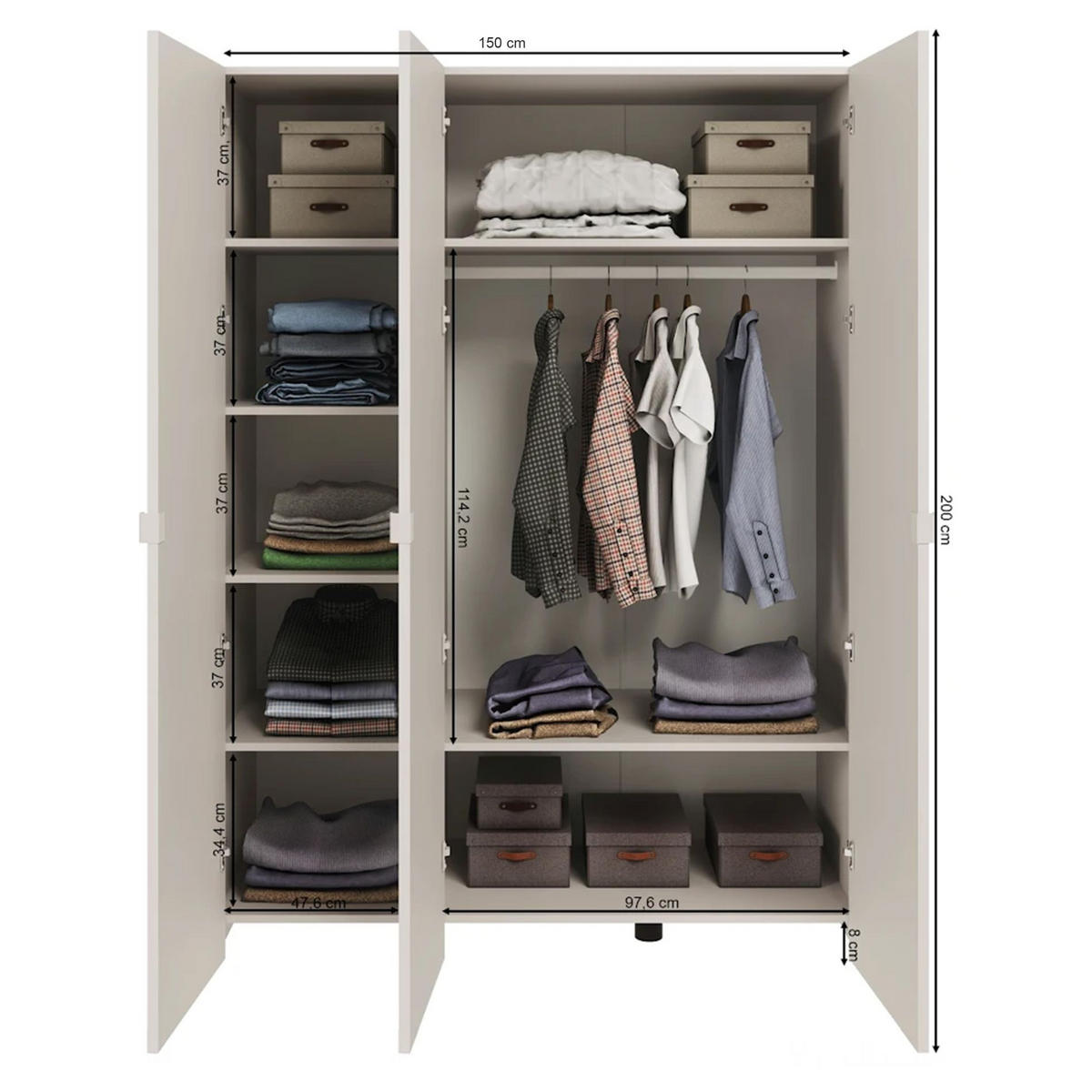 KLEIDERSCHRANK Arkadia Kaschmirgrau mit 3 Türen 150 cm - Taupe, Holzwerkstoff (150/200/53cm) - Selsey