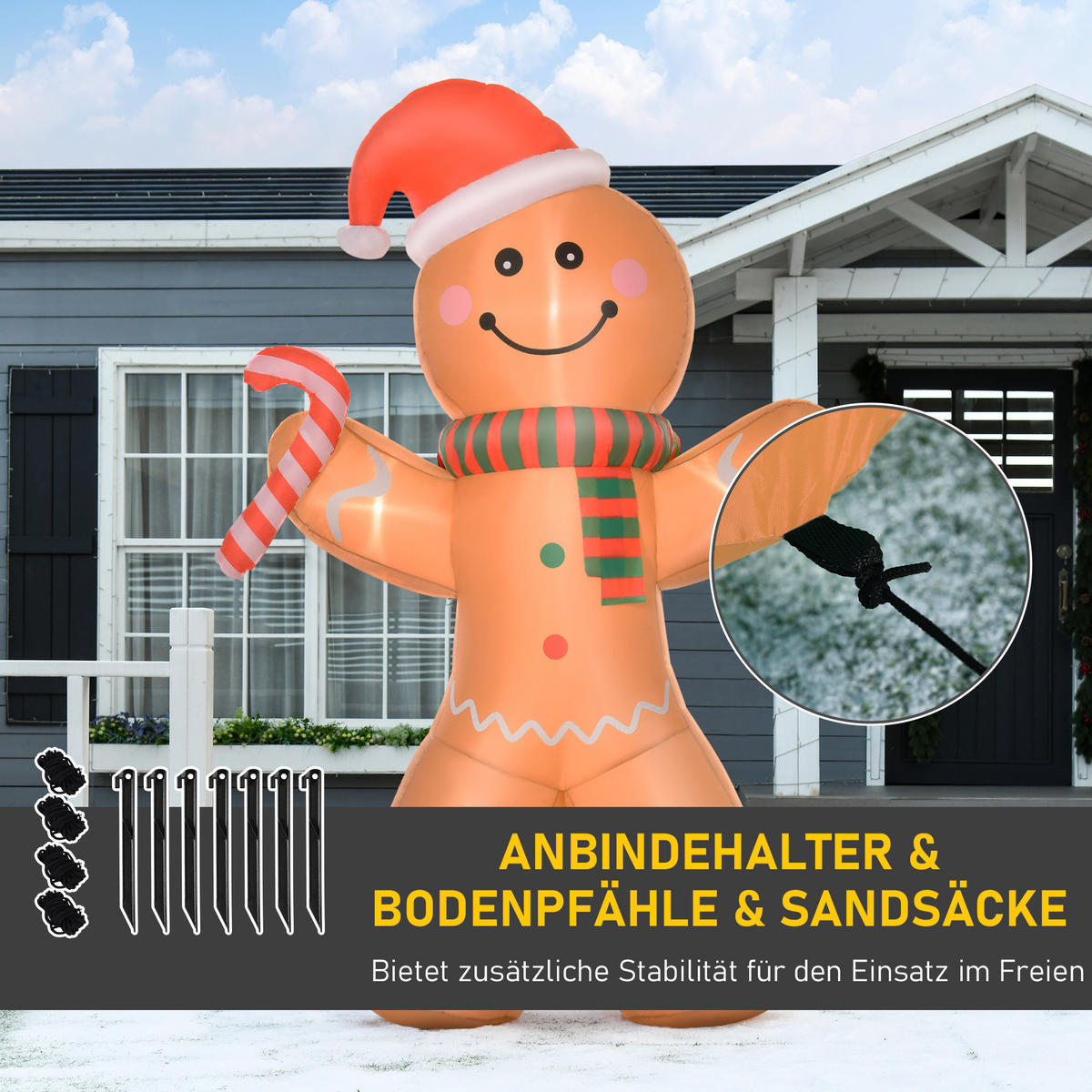 AUFBLASBARER Lebkuchenmann Weihnachtsdekoration 2,4 m mit Lichtern Polyester - Gelb, Kunststoff (65/240/170cm) - HOMCOM