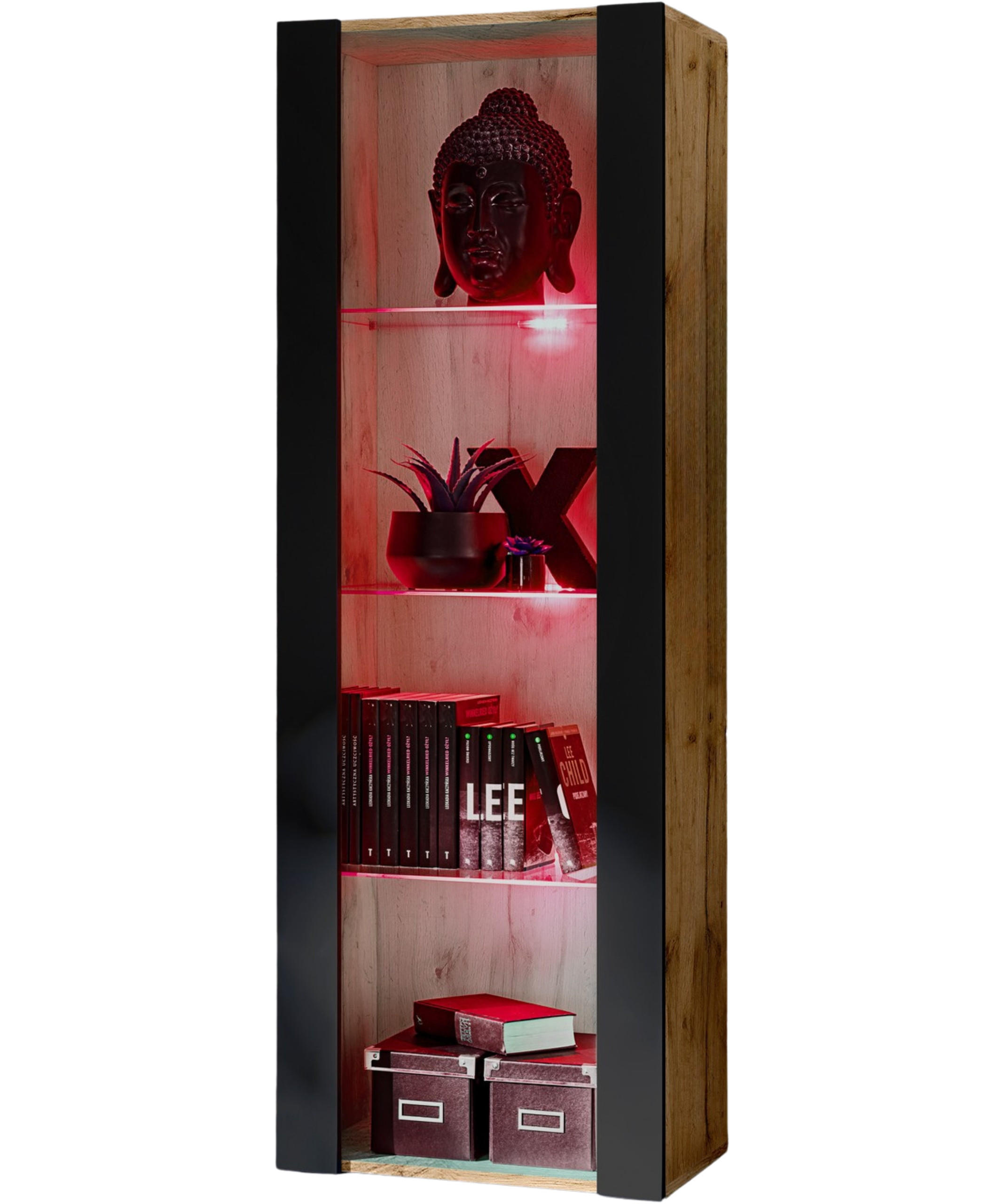 Komodee Vitrine Eiche Wotan, Schwarz 55x159x35 cm