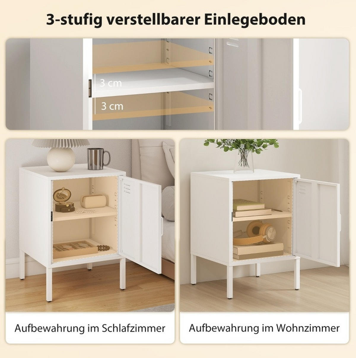 NACHTTISCH 40/40/56 cm in Weiß aus Stahl mit verstellbarem Regal - Weiß, Metall (40/56/40cm) - Flora Grace