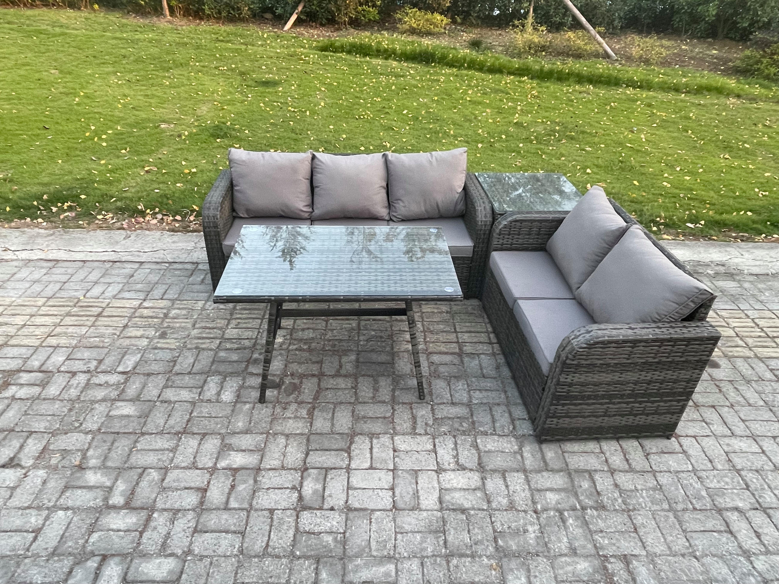 GARTENMÖBEL SET Polyrattan Dunkelgrau 5-Sitzer - Dunkelgrau/Grau, Glas/Kunststoff - Fimous