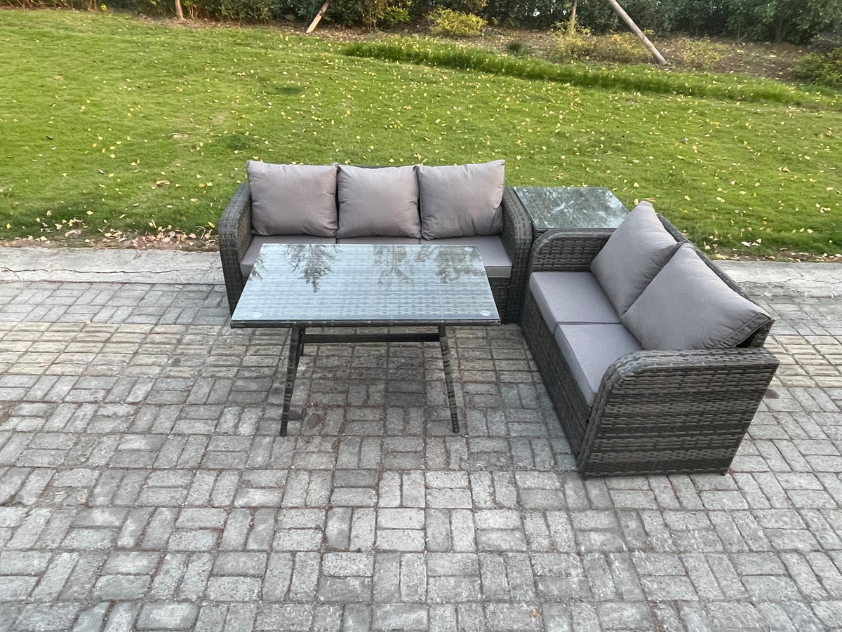 GARTENMÖBEL SET Polyrattan Dunkelgrau 5-Sitzer - Dunkelgrau/Grau, Glas/Kunststoff - Fimous