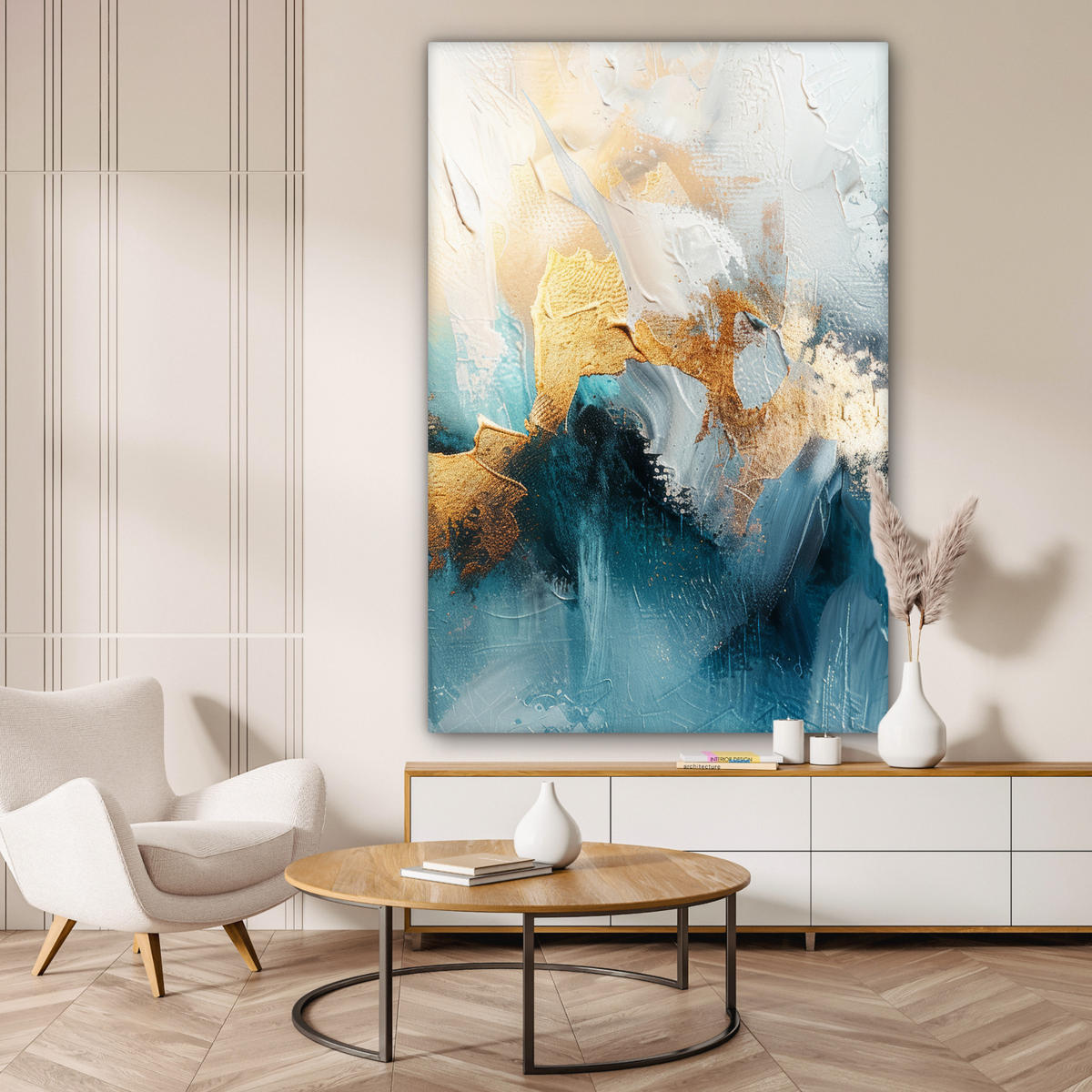LEINWANDBILD Abstrakt - Kunst - Gold - Blau Deko Groß 90x140 cm - Petrol, Textil (90/140cm) - MuchoWow