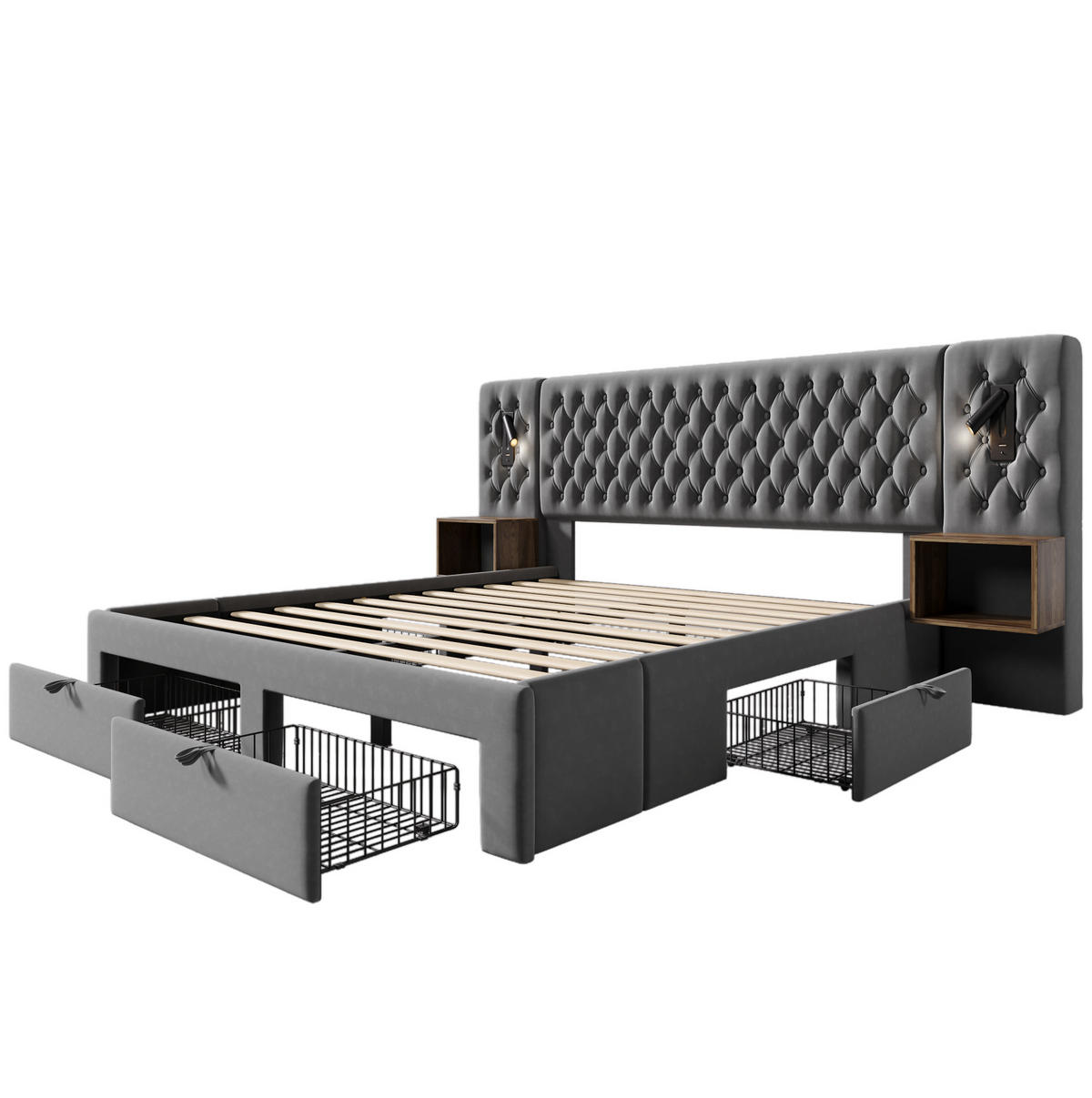ČALOUNĚNÁ postel 160/200 cm šedá ze sametu s nočními stolky zásuvkami a USB osvětlením - šedá, textil (160/200cm) - OKWISH