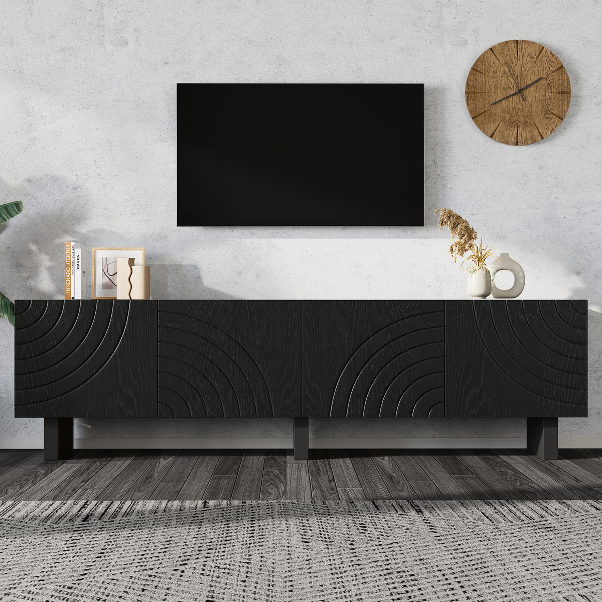 TV‑LOWBOARD Schwarz mit strukturierten und 4 Türen 180 × 40 × 55 cm - Schwarz, Holzwerkstoff (180/55/40cm) - Luhomfu