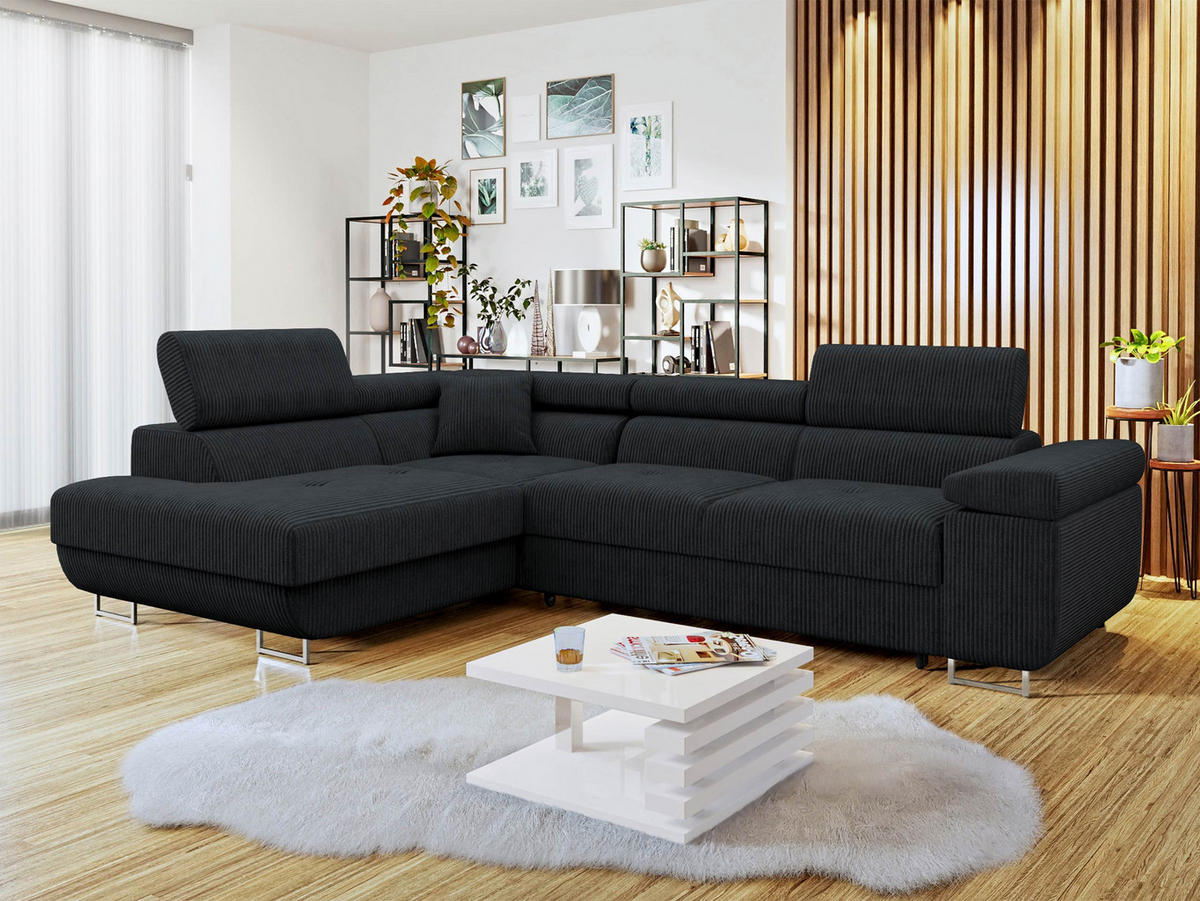ECKSOFA Torezio Cord, Seite: Links - Schwarz, Holz/Textil (274/203cm) - MIRJAN24