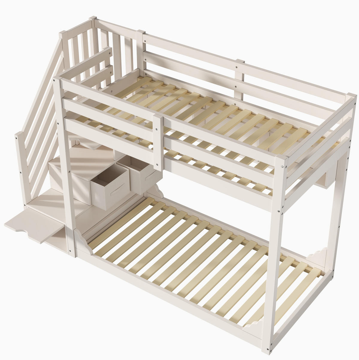 ETAGENBETT 90/200 cm aus Holz mit Treppenschrank, Stauraum und Sicherheitsgeländer, Weiß - Weiß, Holzwerkstoff (90/200cm) - Redom