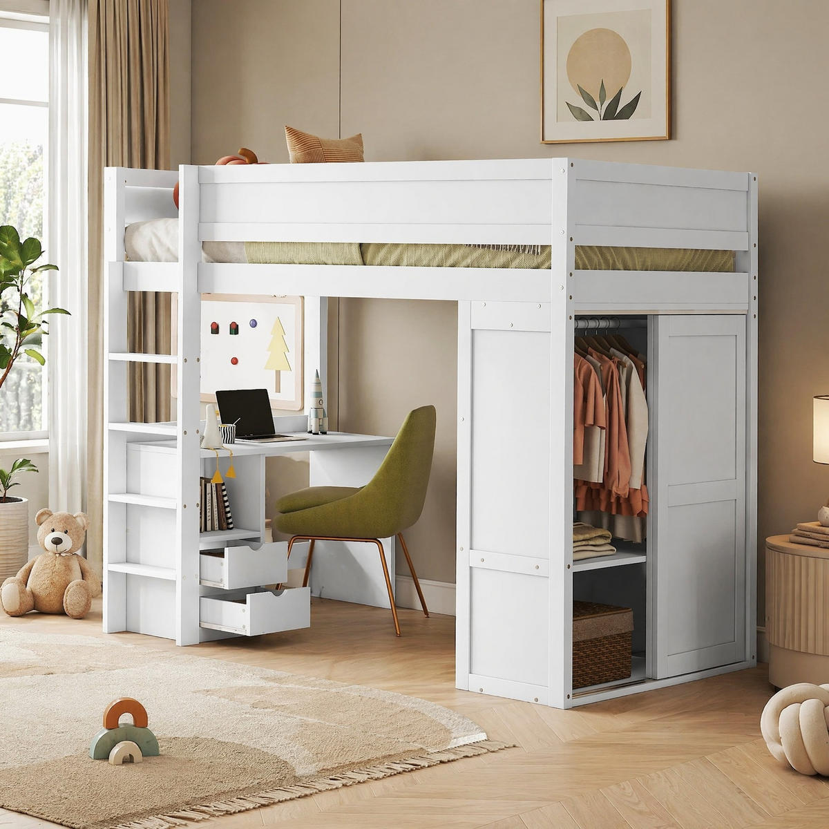 HOCHBETT 90/200 mit Kleiderschrank, Schreibtisch und zwei Schubladen in Weiß - Weiß, Holz (90/200cm) - EVRYAE