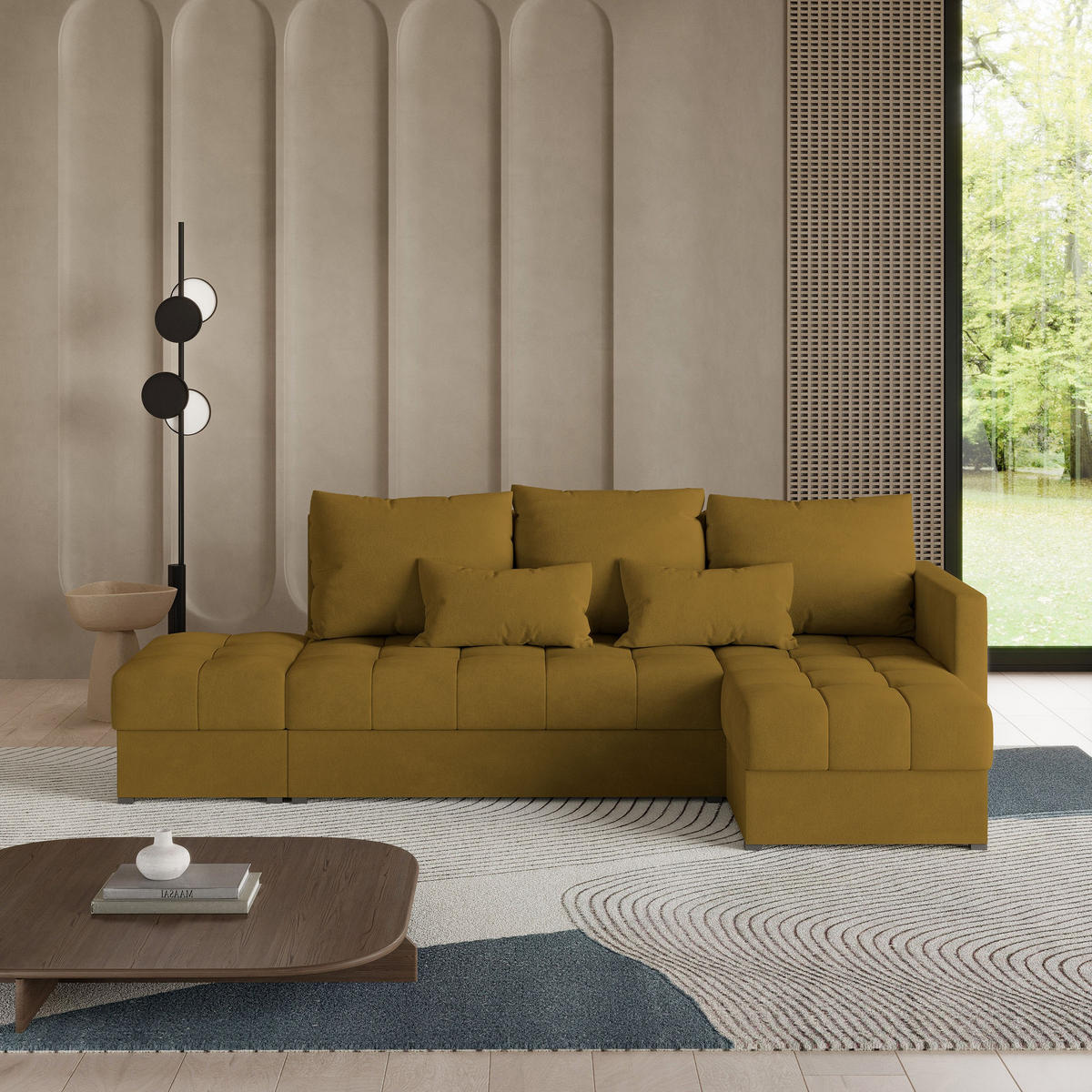 ECKSOFA LUMARI R-S Gelb Plüsch-Stoff mit Schlaffunktion - Gelb, Holz (262/143cm) - MASSENO