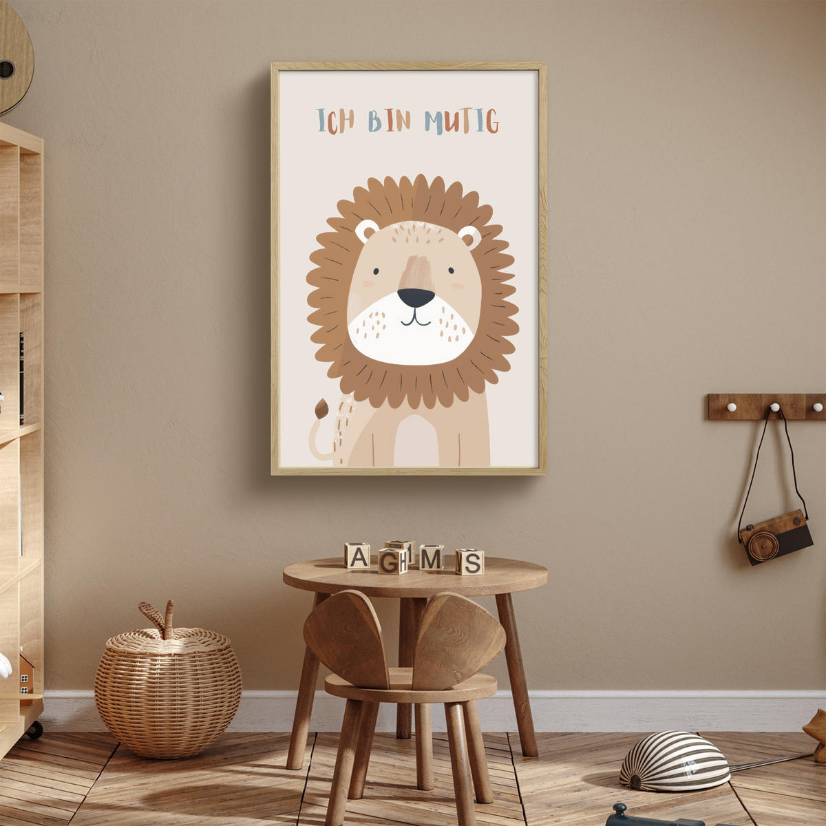 NACHTTISCHLAMPE MIT AKKU Löwe - Beige - Tier - Mutig - Zitat 60x90 cm - Beige, Holzwerkstoff (8/60/90cm) - OnlyWow