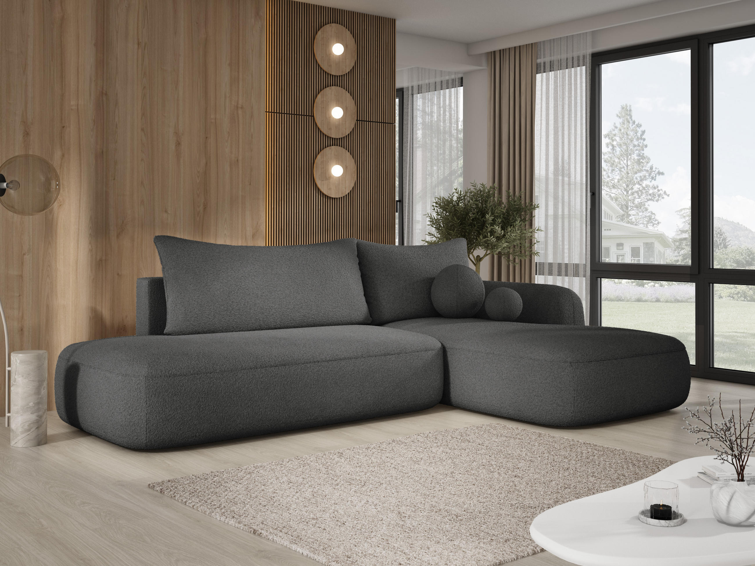 ECKSOFA BABU mit Schlaffunktion, Moderne Polsterecke für Wohnzimmer, funktionales Schlafsofa im Stoff NOW OR NEVER, 300x105x60cm rechte, schwarz - Anthrazit, Holz/Textil (300/190cm) - DomoHome