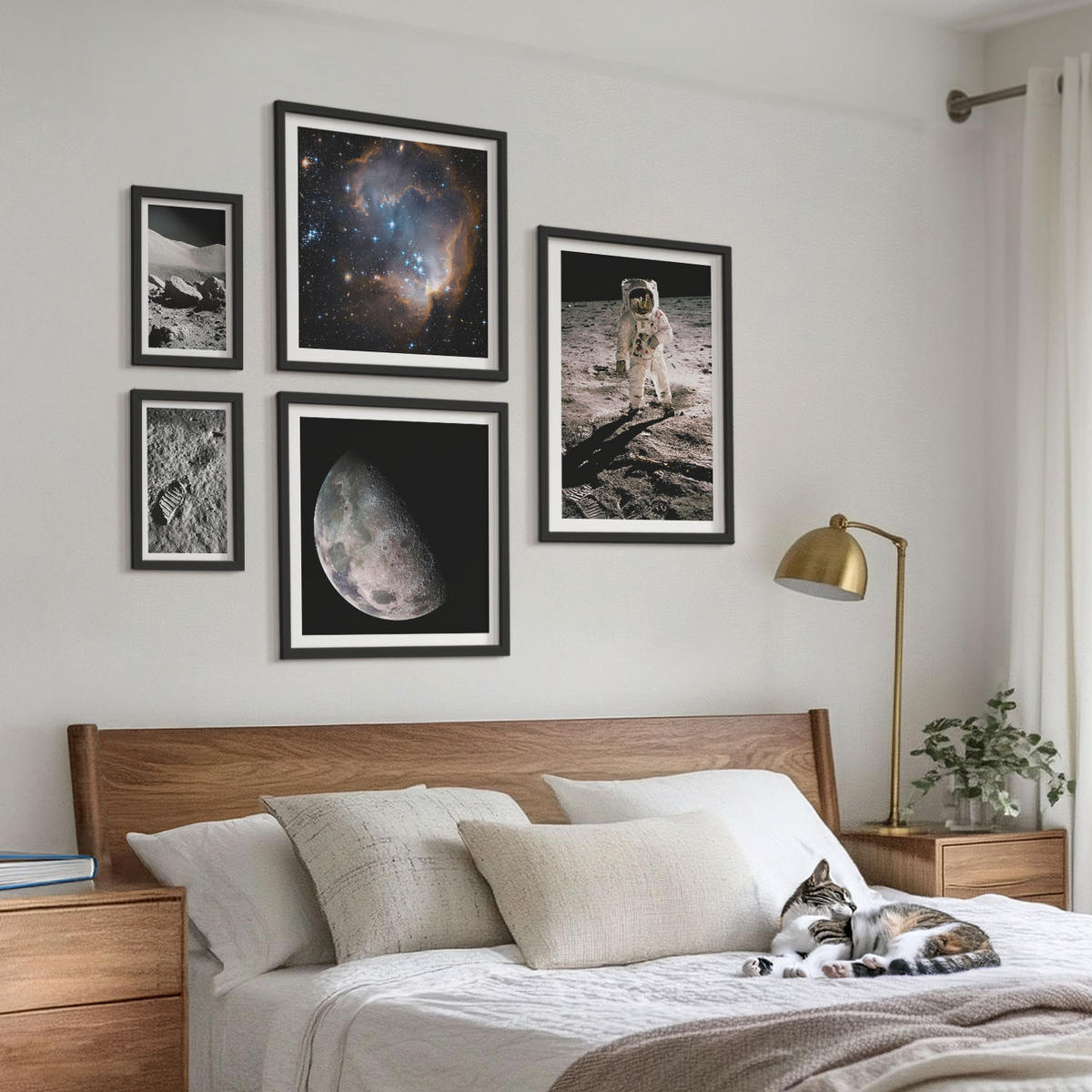 WANDBILDER 5er-Set - 50x50 cm & 20x30 cm & 40x60 cm Schwarzer Rahmen - Astronautenfoto vom Mond - Schwarz, Kunststoff (40/60cm) - ArtPrintCave