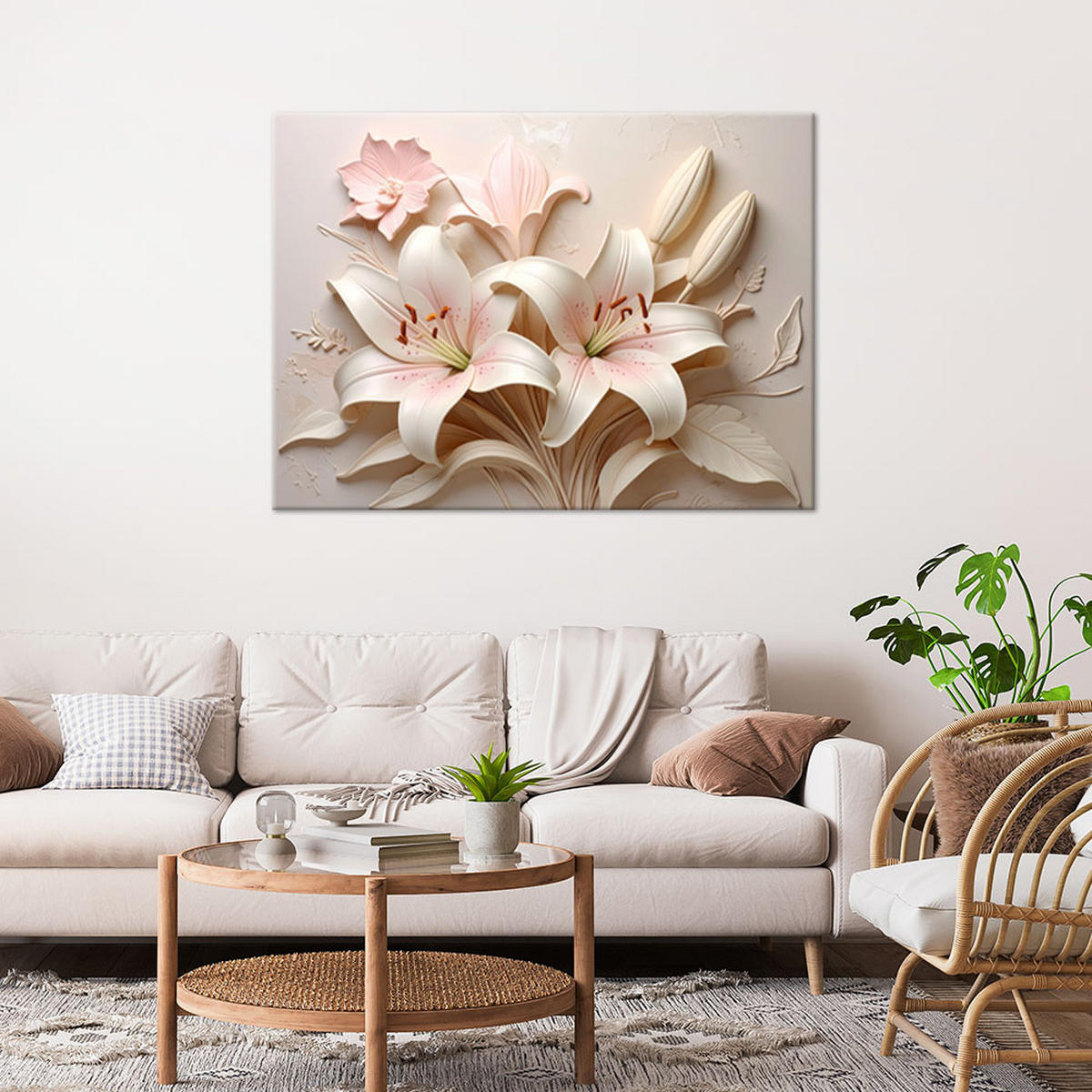 LEINWANDBILDER, Weiße und rosa Lilien in 3D-Relief - Rosa, Textil (90/60cm) - Feeby