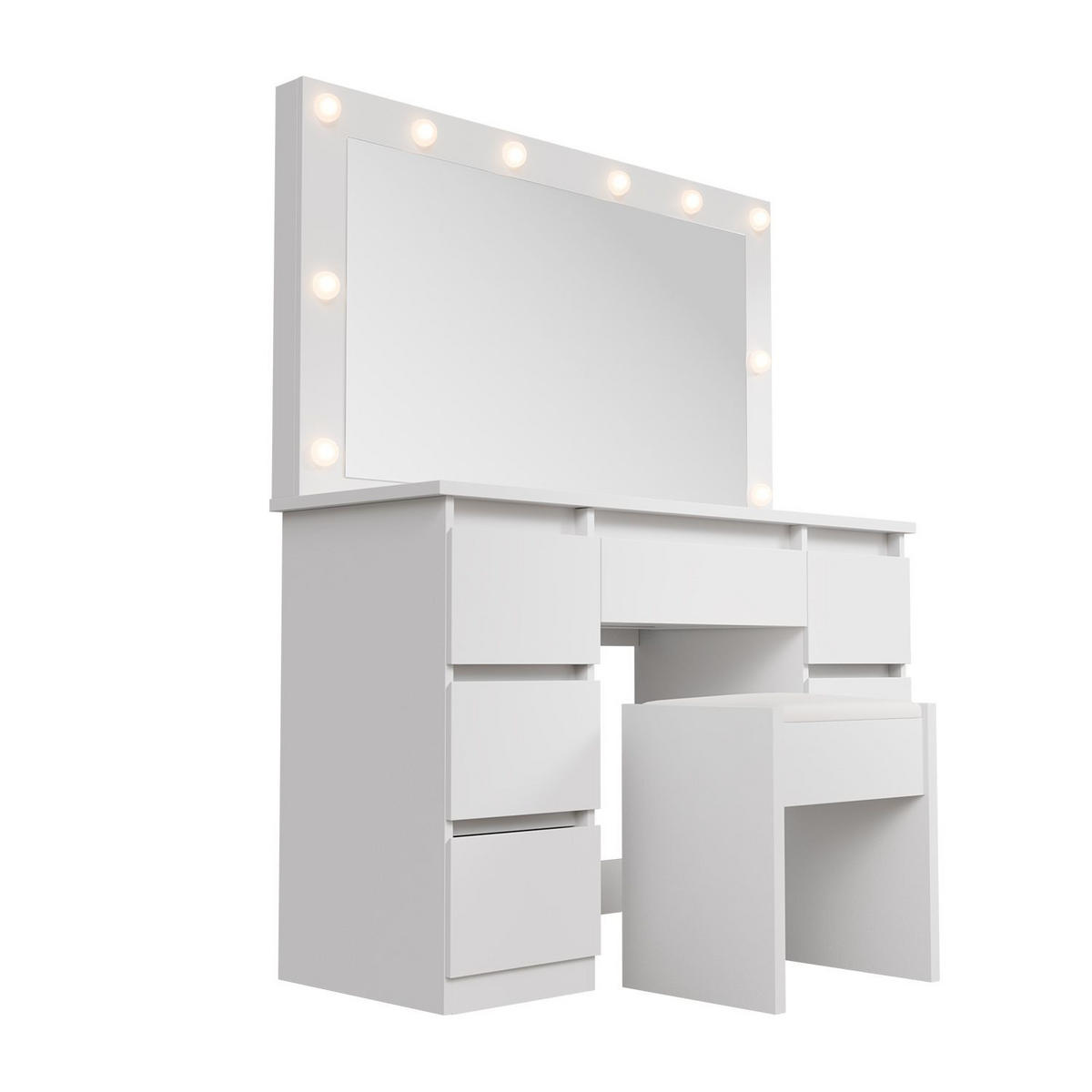 SCHMINKTISCH Lilia weiß mit LED-Beleuchtung und Hocker Melly - Weiß, Holz (108/140/41cm) - Juskys