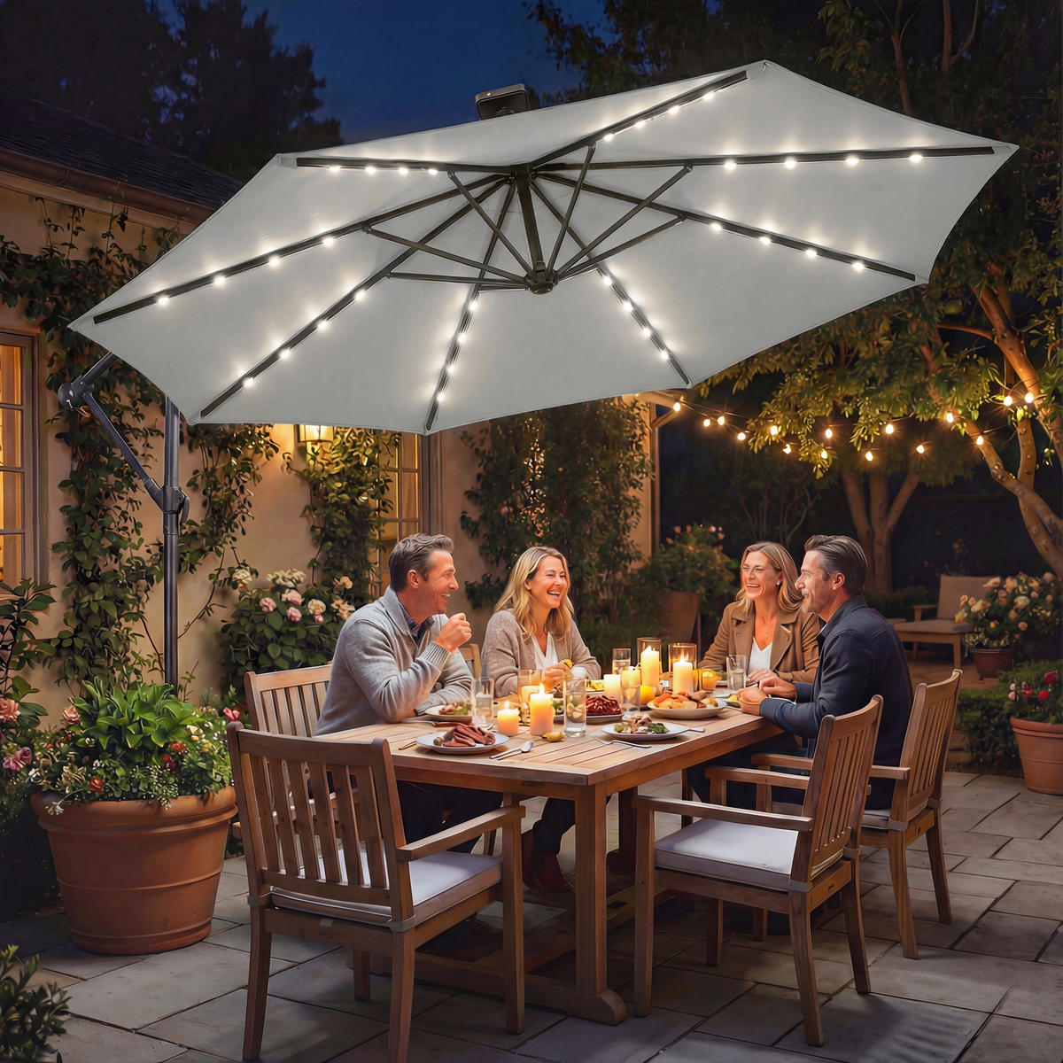 AMPELSCHIRM mit Solar LED aus Polyester Hellgrau Ø300 cm - Hellgrau, Textil/Metall (300/300cm) - Outsunny