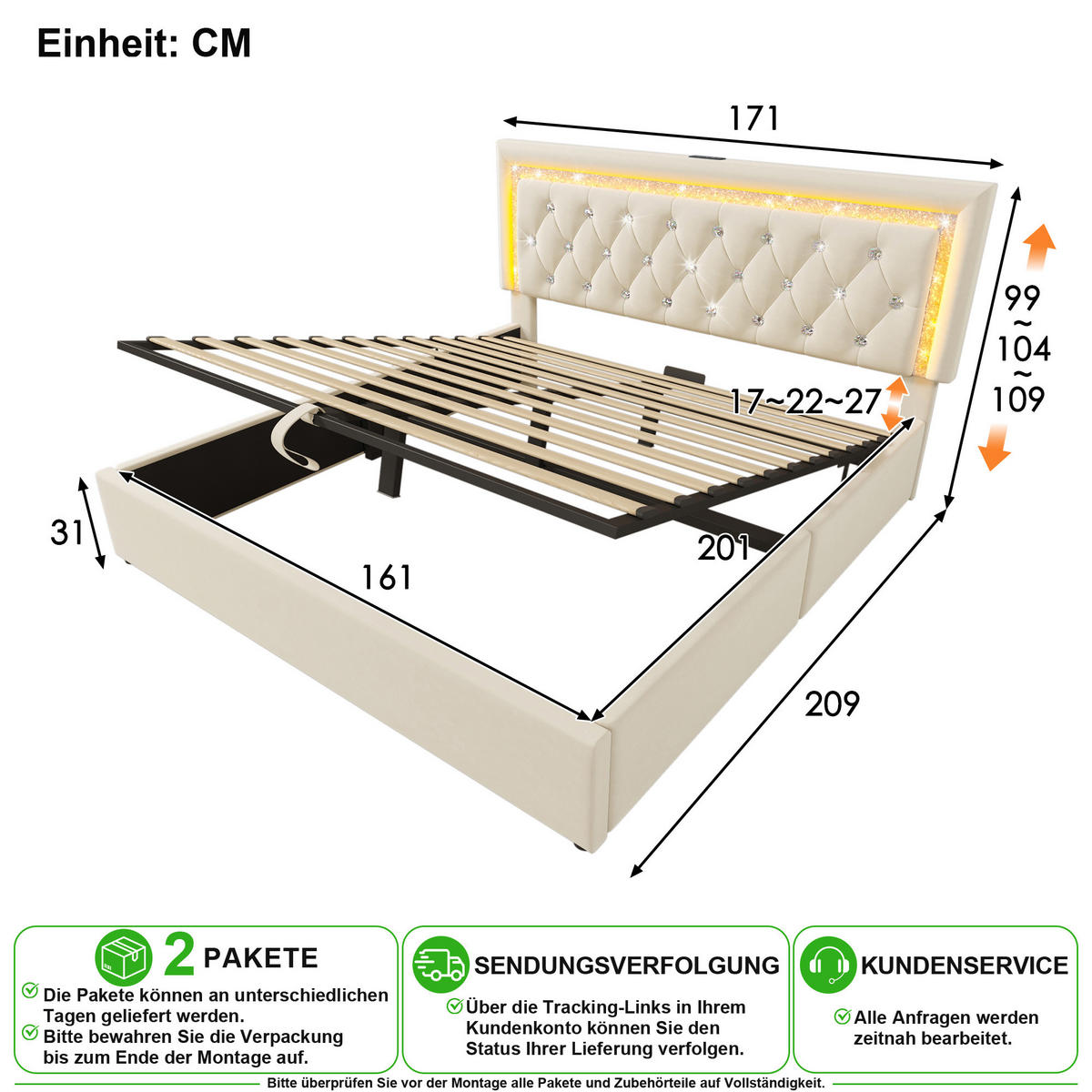 POLSTERBETT 160/200 cm in Beige Samt mit Bettkasten, LED, USB und Type-C - Beige, Holzwerkstoff/Textil (160/200cm) - CHICFURN