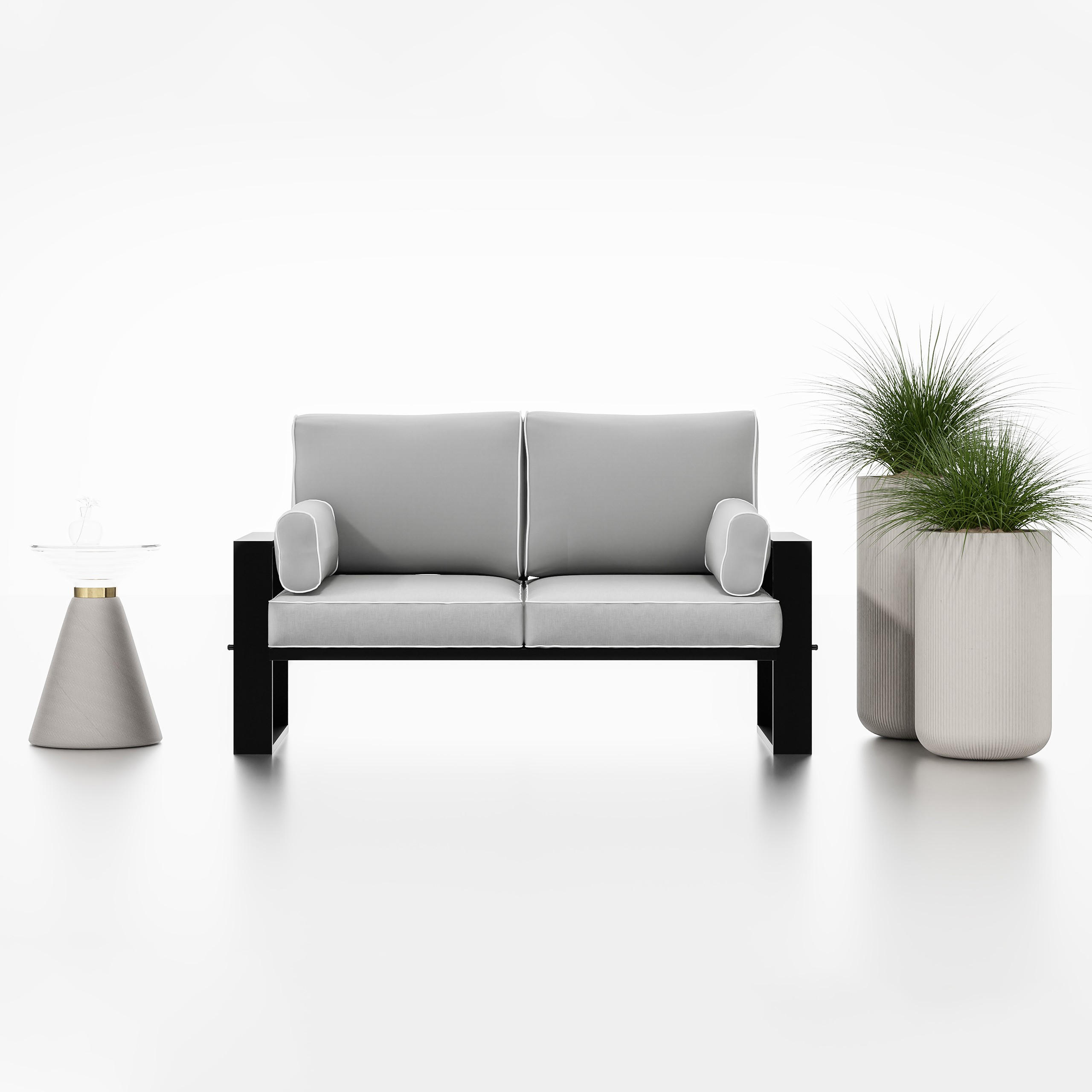 GARTENSOFA Hellgrau, Schwarze Metallbeine, 2-Sitzer - Grau, Holzwerkstoff/Metall (150/90/87cm) - Bettso