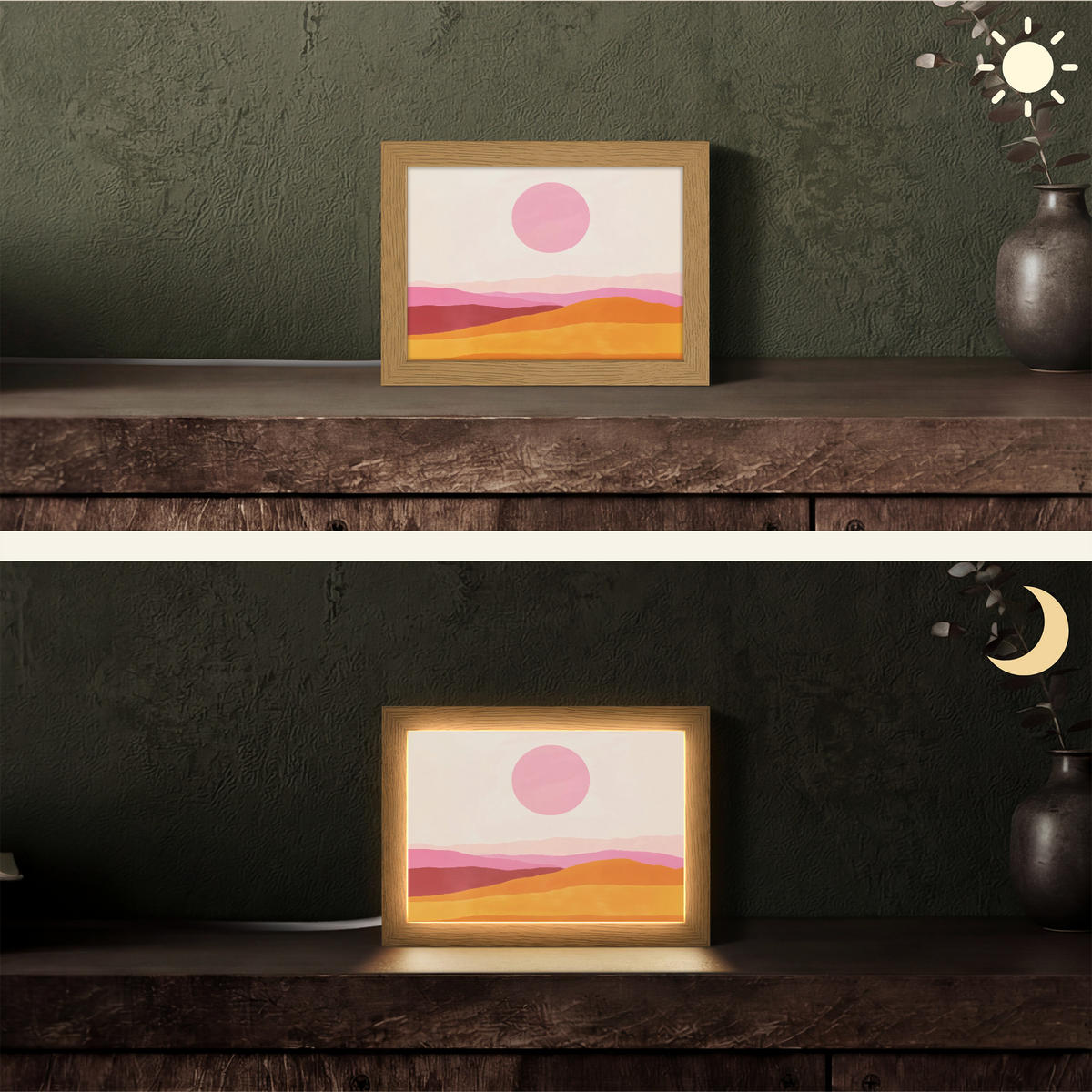TISCHLEUCHTE Hügel - Orange - Sonne - Abstrakt 20x15 cm - Chromfarben, Holzwerkstoff (8/20/15cm) - OnlyWow