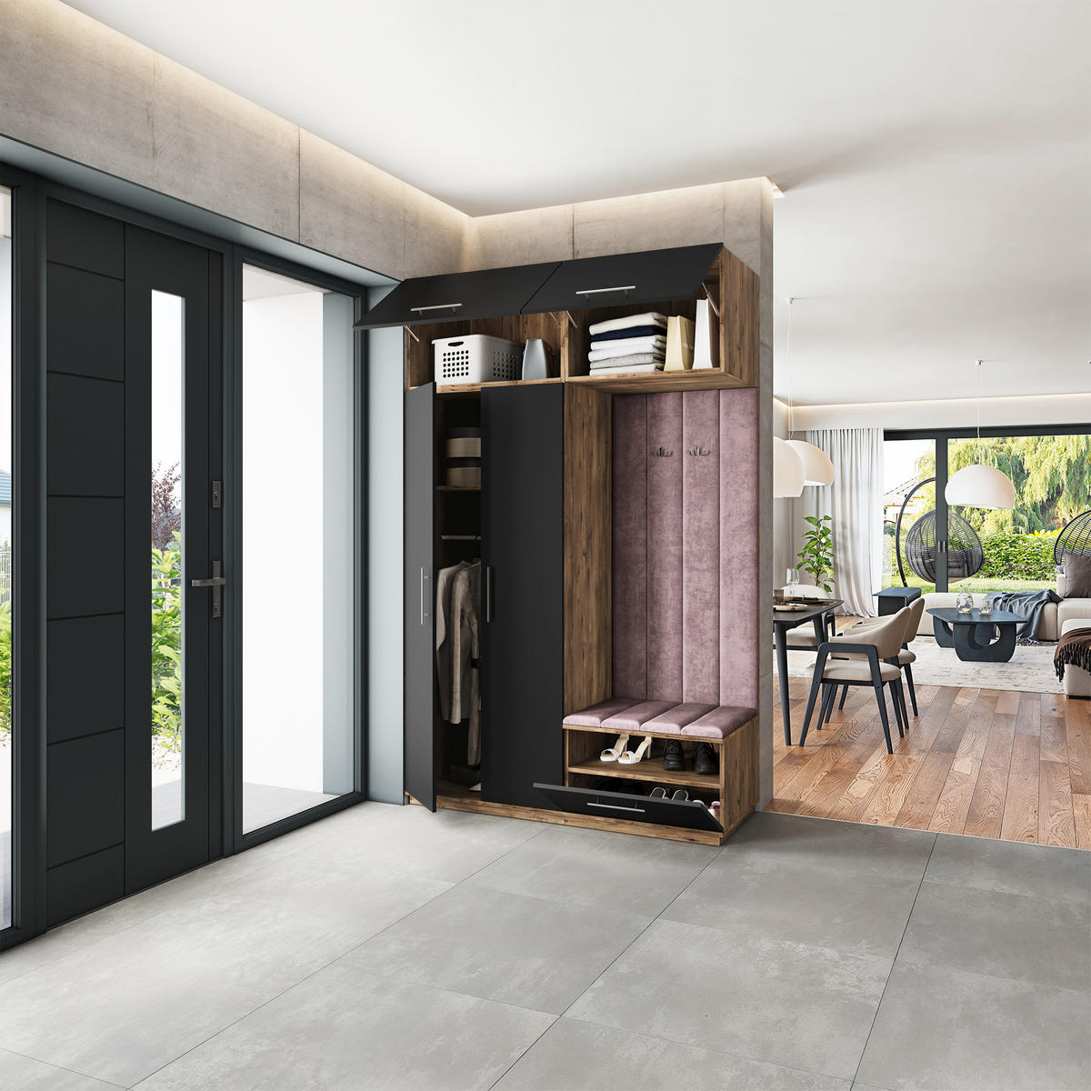 GARDEROBENSCHRANK REMA 150/240/60 cm Modern Garderobe-Set Eiche Lefkas - Eichefarben/Lila, Holzwerkstoff (150/240/60cm) - MASSENO