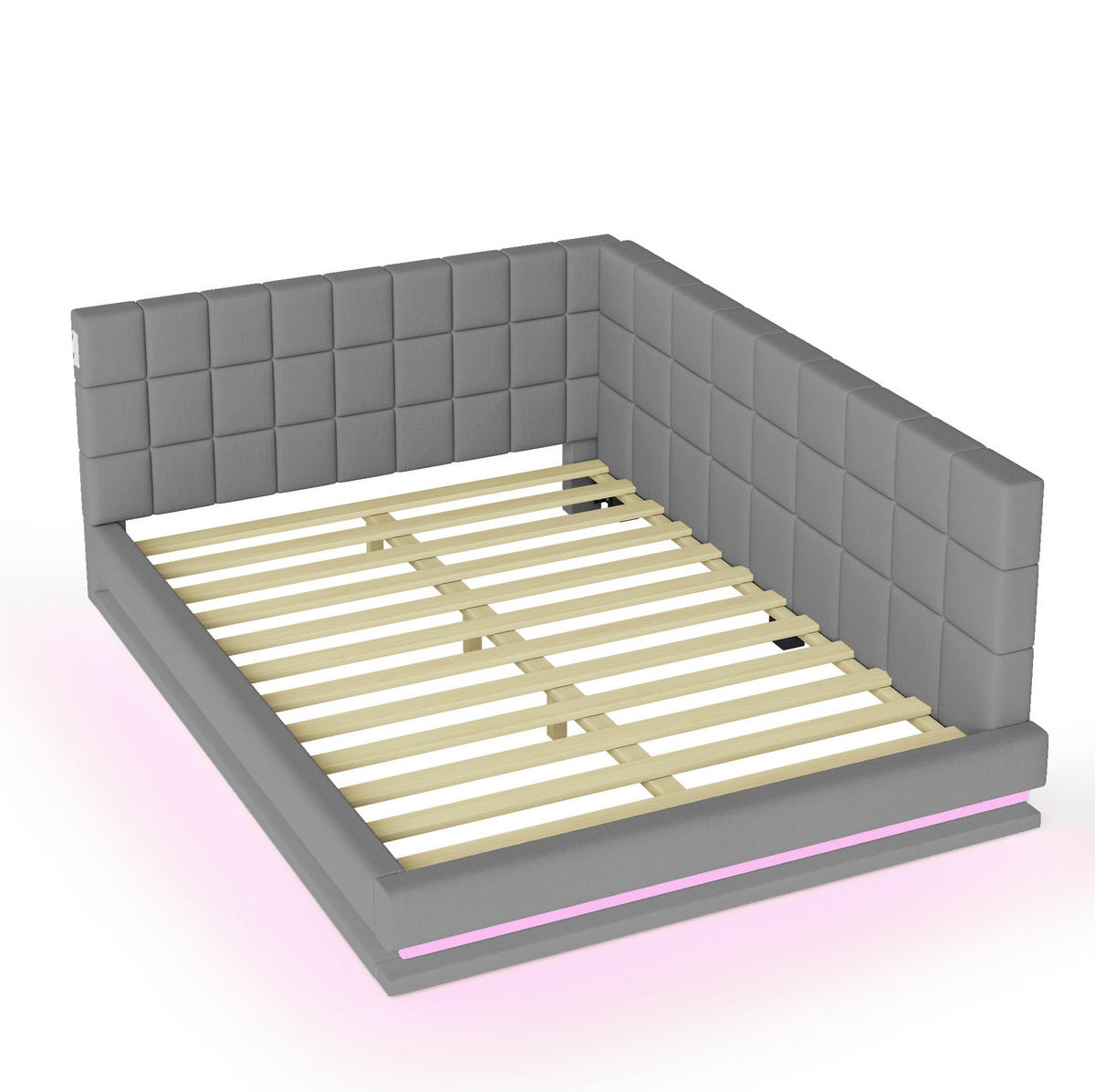 POLSTERBETT aus Leinen 160x200 cm Grau mit LED-Beleuchtung, USB-Anschluss und Lattenrost - Grau, Textil (160/200cm) - Modfu
