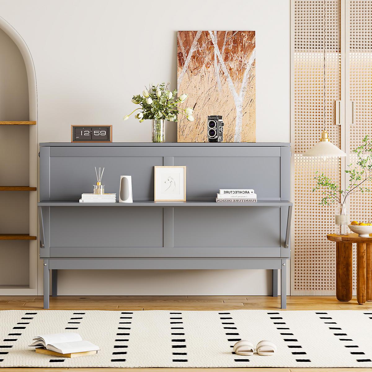 SCHRANKBETT 140/200 cm Grau mit Lattenrost und Hochschrank-Design - Grau, Holzwerkstoff (140/200cm) - OKWISH