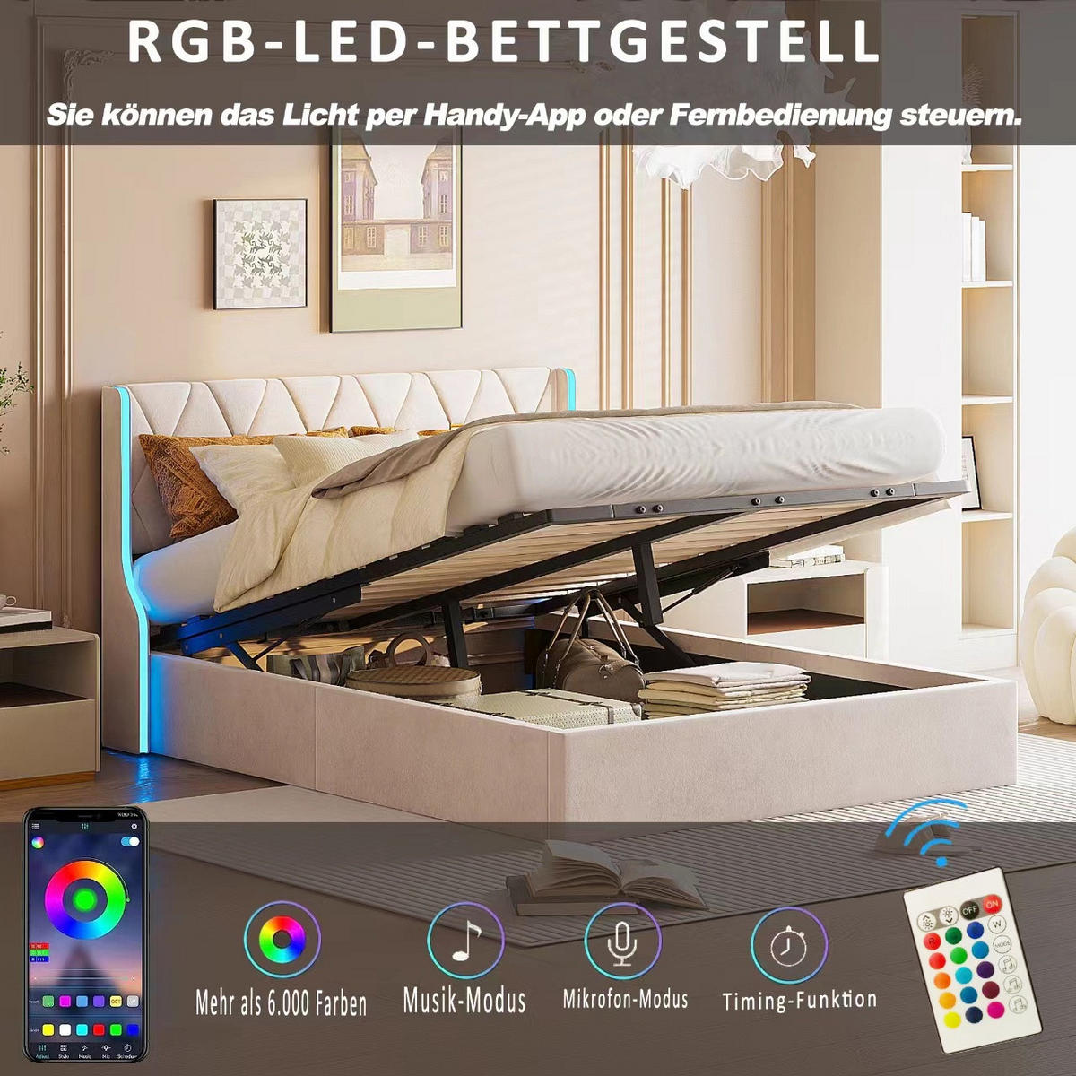 POLSTERBETT 140x200 cm mit Hydraulik-Stauraum Samt-Bezug LED-Beleuchtung an den Seitenflügeln Beige - Beige, Textil (140/200cm) - DELFA